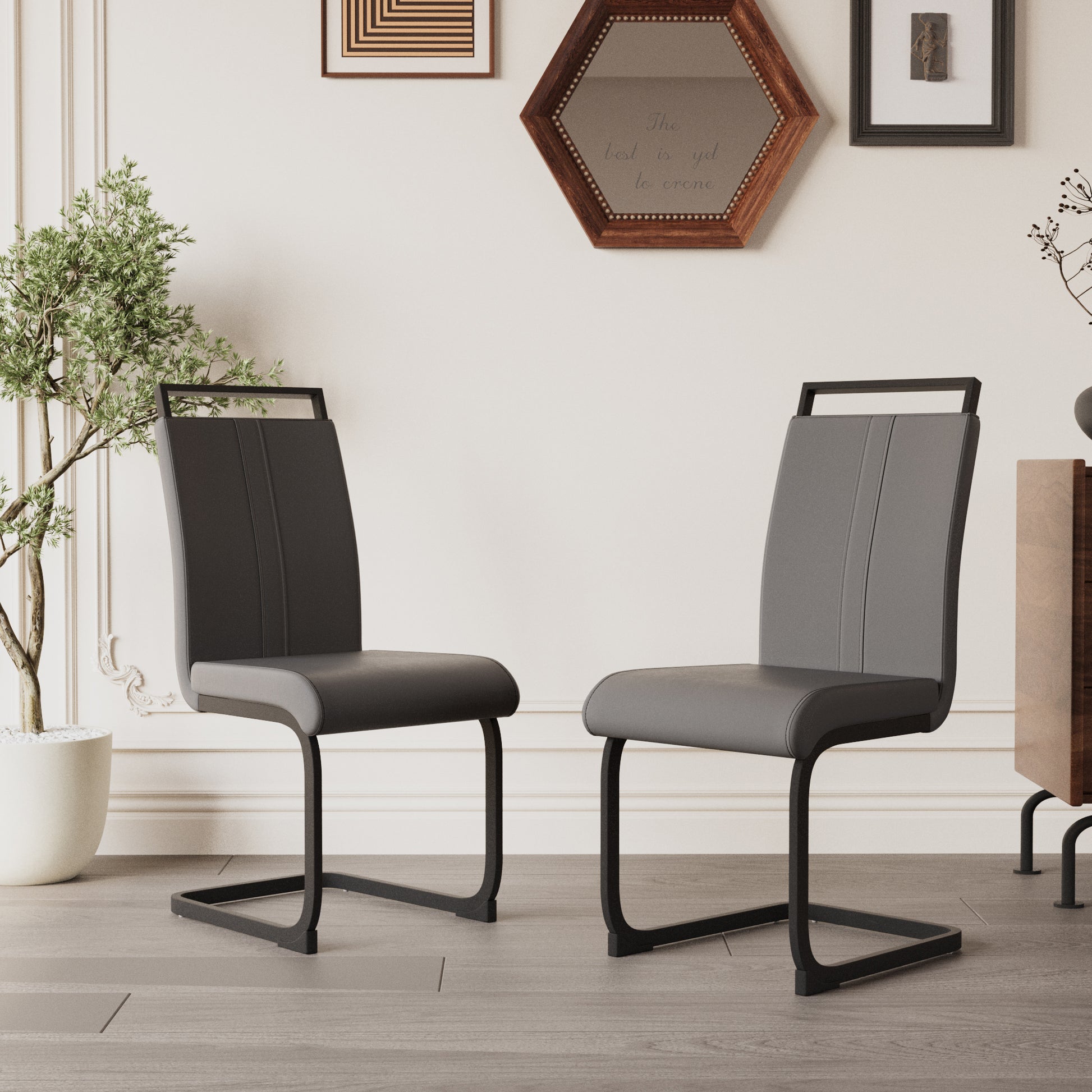 Astrid Modern PU Leather Side Chairs with Black Legs Set of 2 , Gray