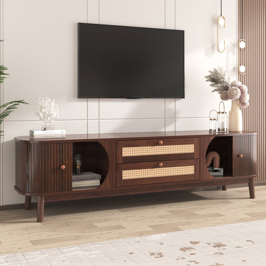 Victor Mid-Century Modern TV Stand with Rattan - Dark Brown & Natural