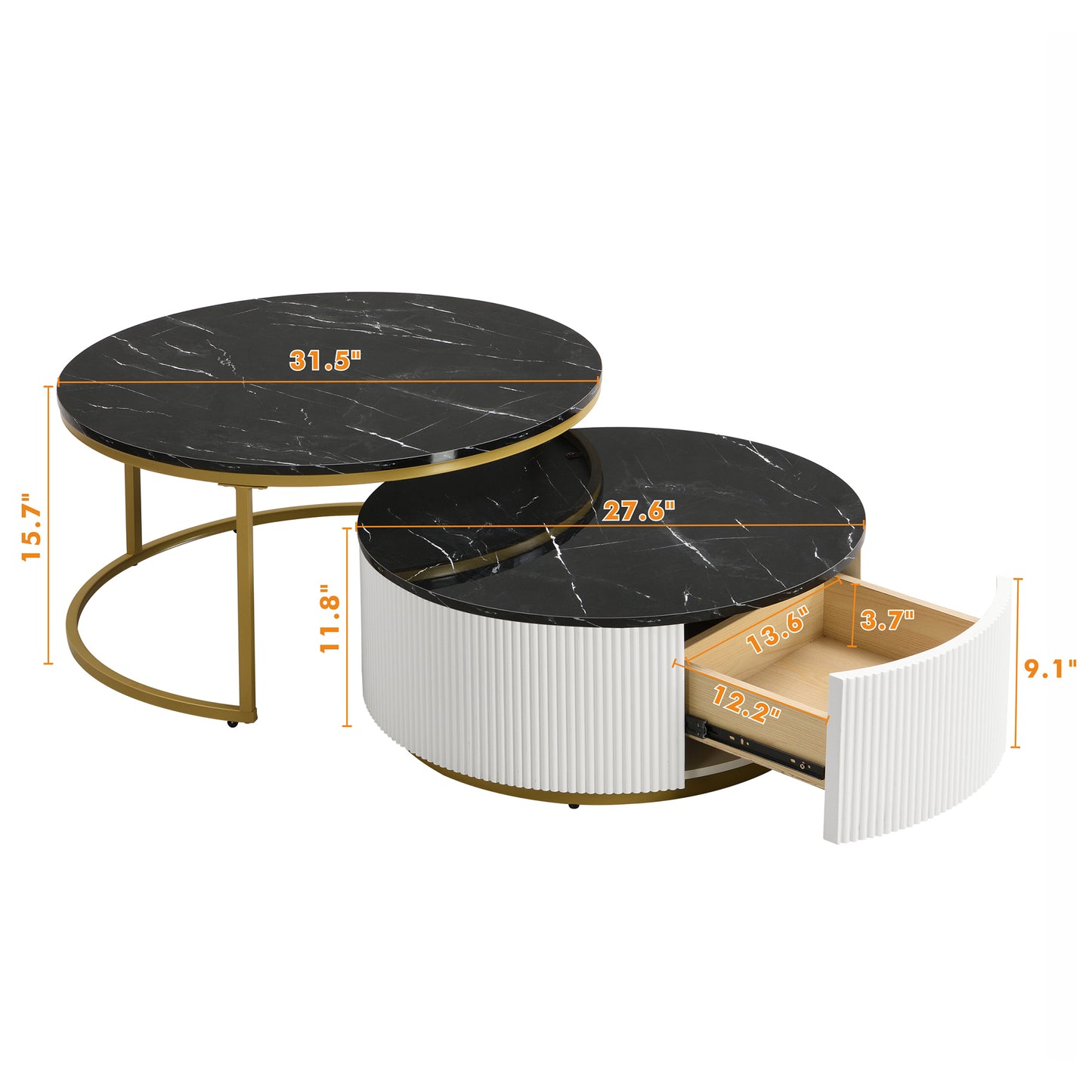 Maggie Modern Round Nesting Coffee Table Fluted with Drawer in Black & Gold in 31.5''