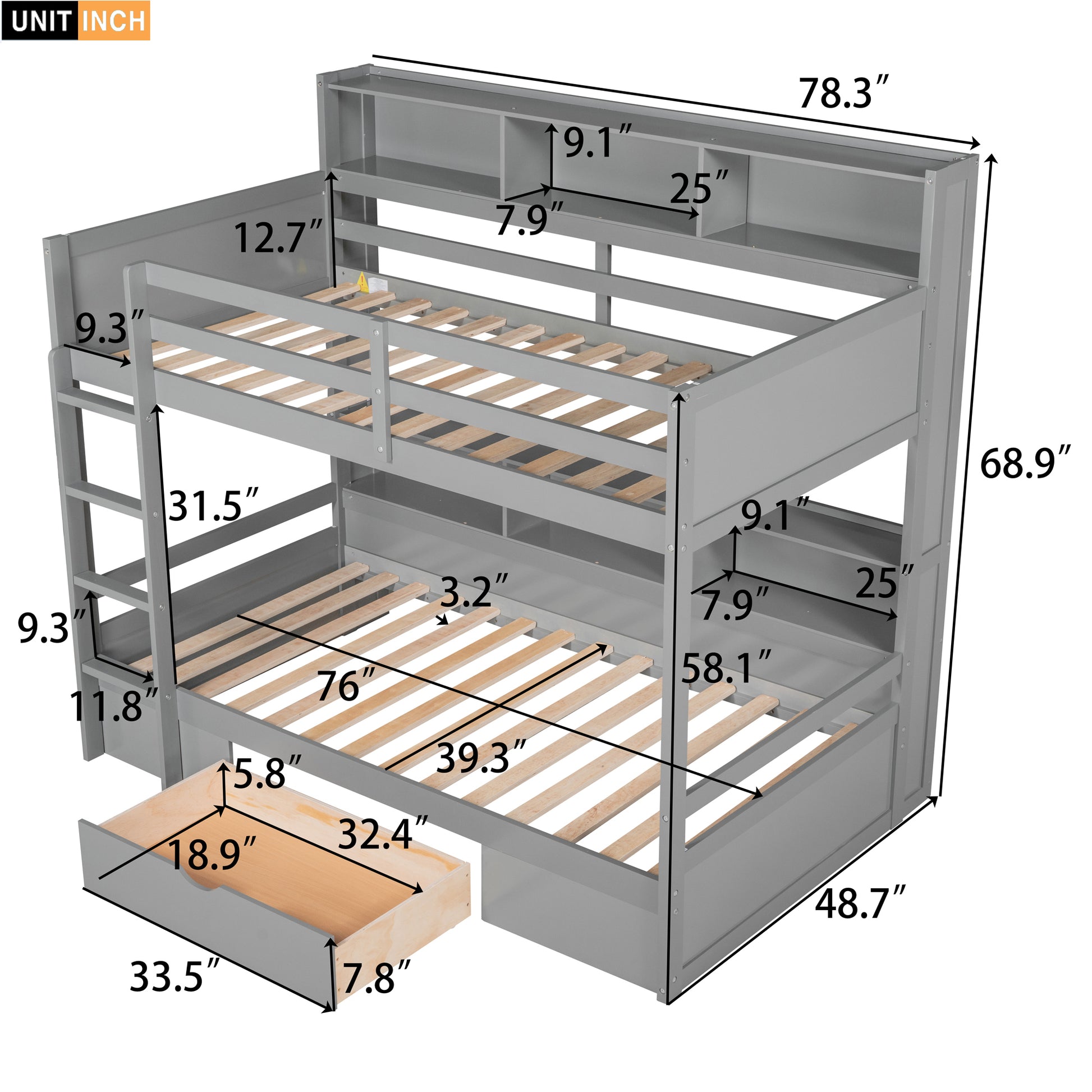 Harris Twin Size Bunk Bed with Built-in Shelves, Gray