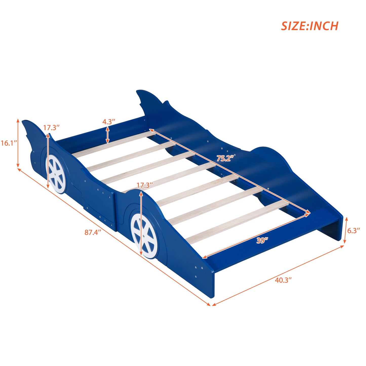 Bart Twin Size Race Car-Shaped Platform Bed with Wheels,Blue