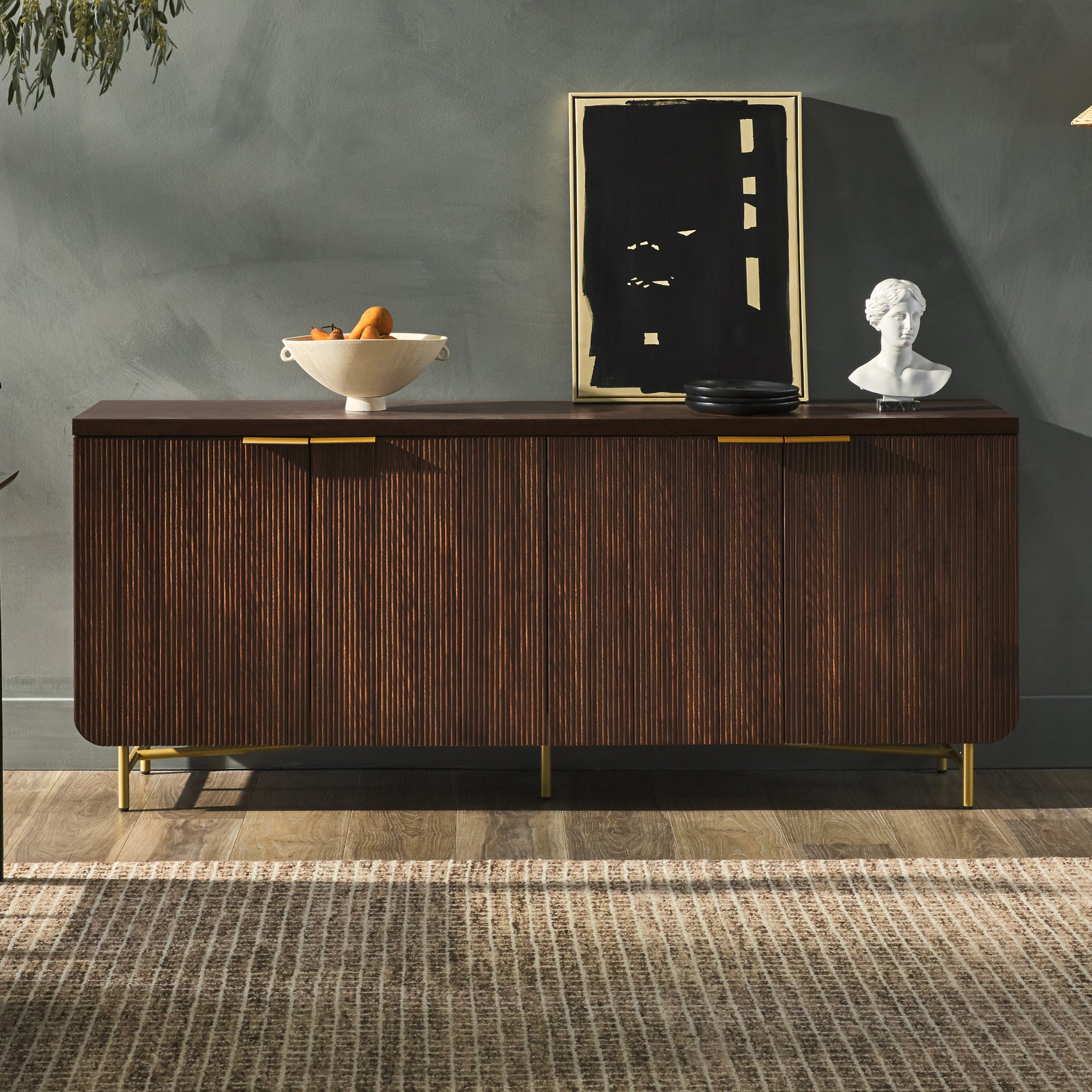 Holland Mid-Century Modern Fluted-Door Minimalist Storage Sideboard – Dark Walnut / Gold