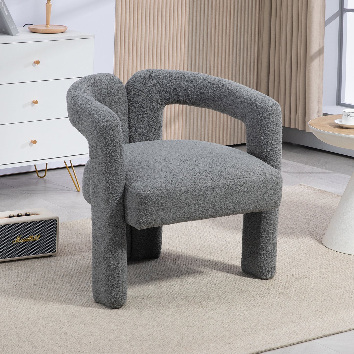 Contemporary Grey Teddy Fabric Dining Chair with Open Back for Dining Room