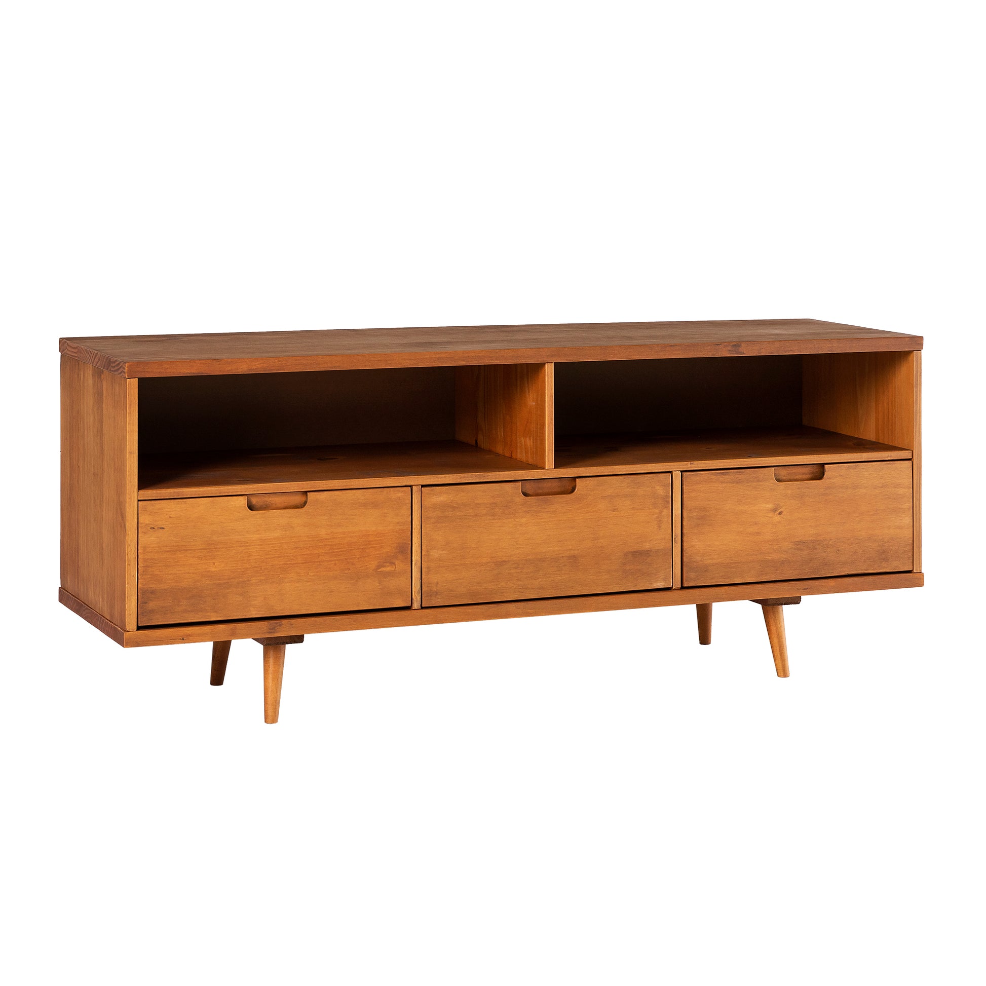 Sylvia Mid-Century Modern Solid Wood 3-Drawer 58" TV Stand for 65" TVs with 2 Open Cubbies - Caramel