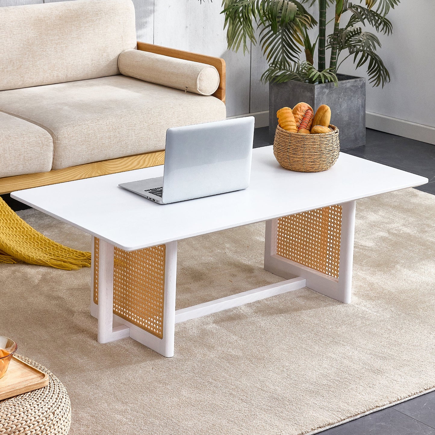 Maven Mid-Century Modern Coffee Table with Rattan Sides - White