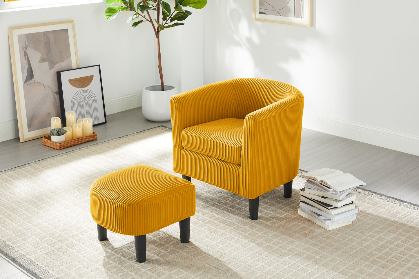 Xara Modern Corduroy Upholstered Chair & Ottoman Set, Yellow