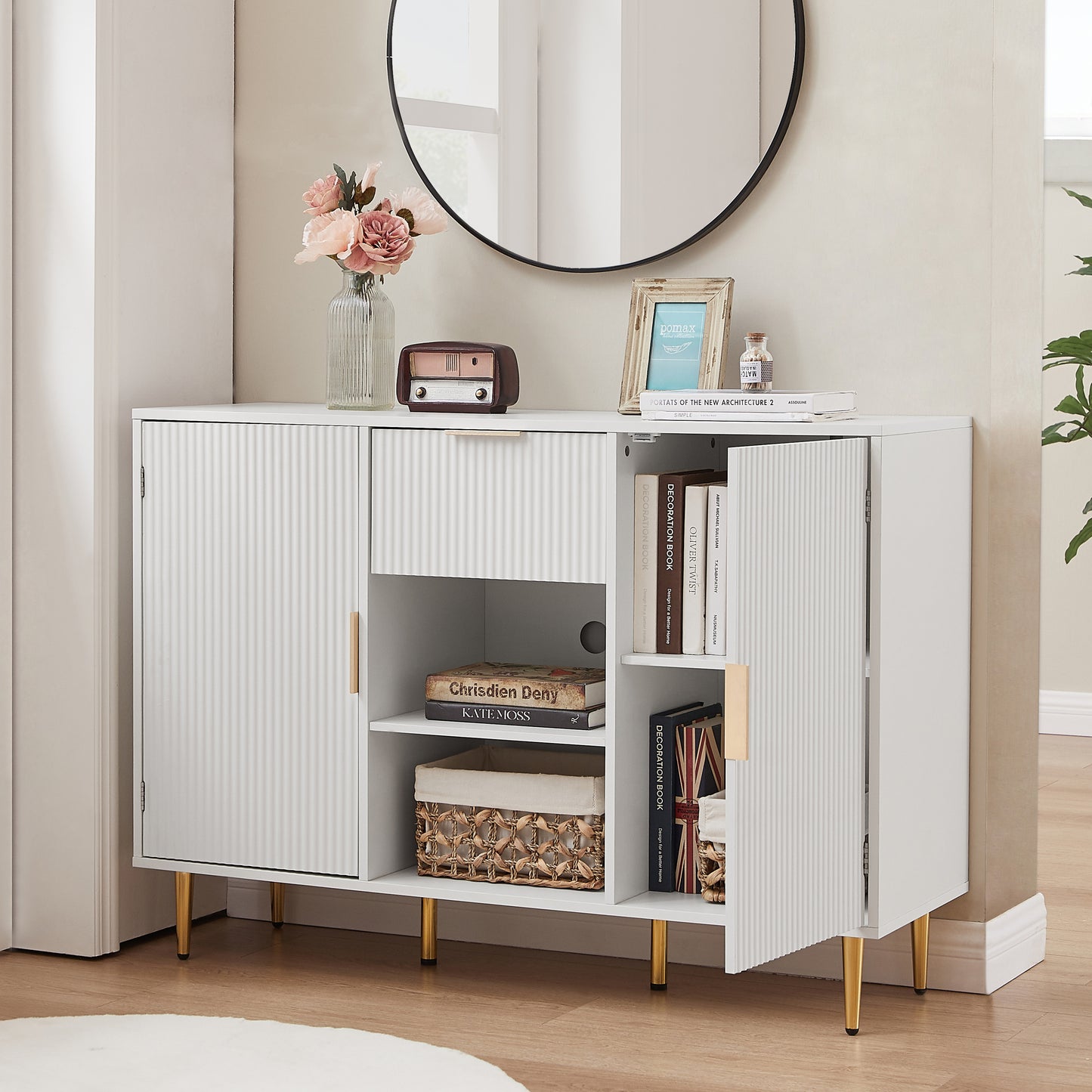 Louis Modern White Wave Pattern Accent Cabinet with Gold Legs