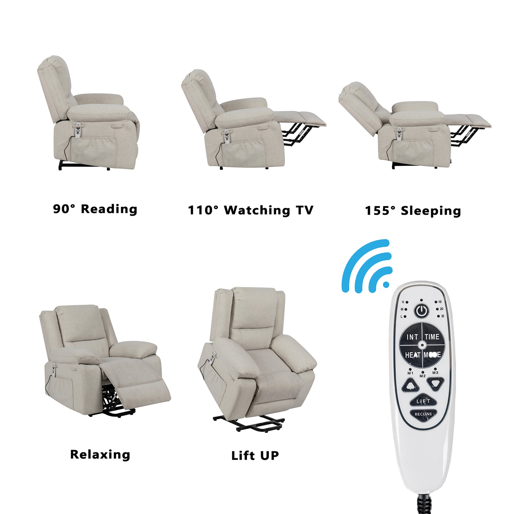 Elgen Power Lift Recliner with Massage & Heat, Beige