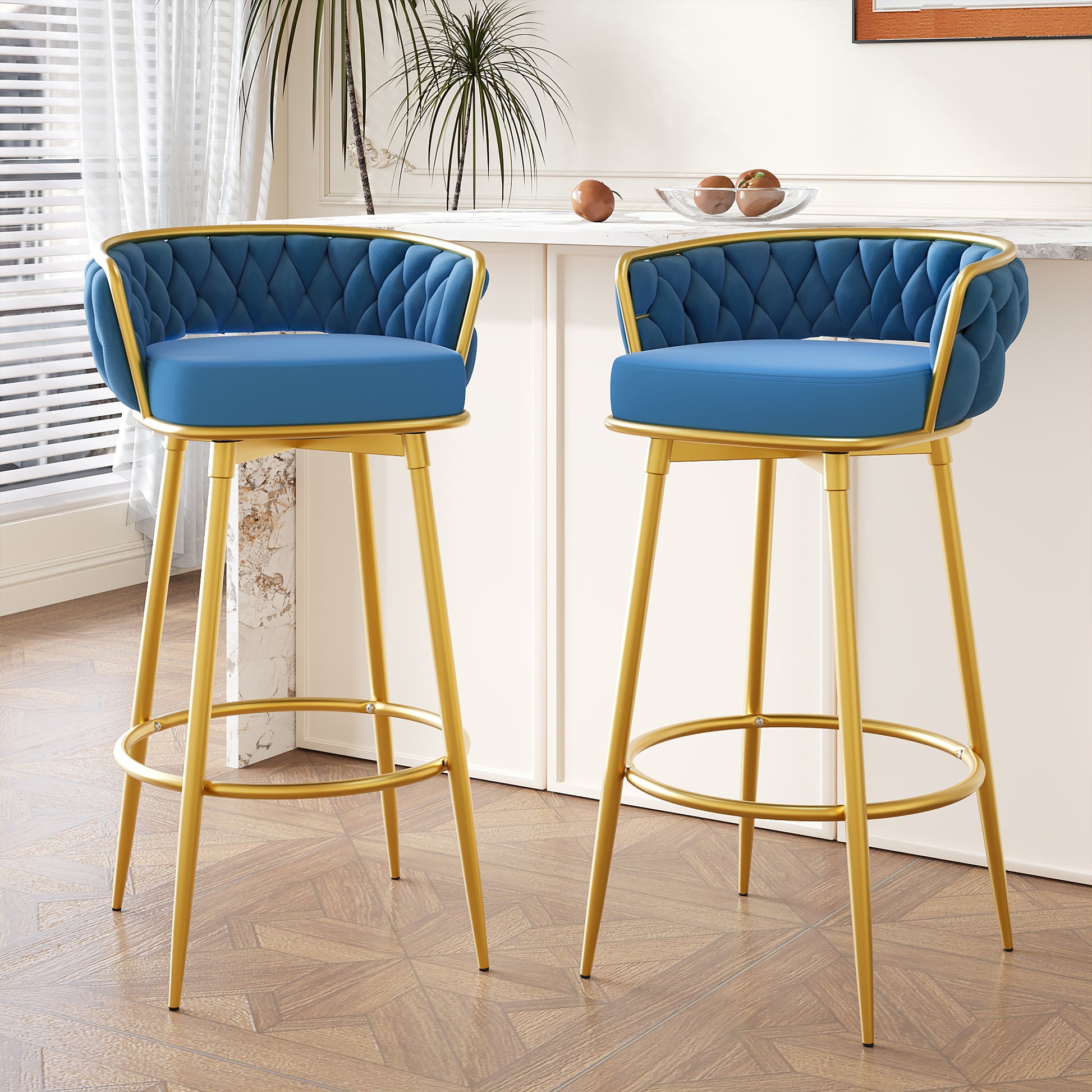 Azariah 31.5' Velvet Swivel Bar Stools Set of 2 Blue