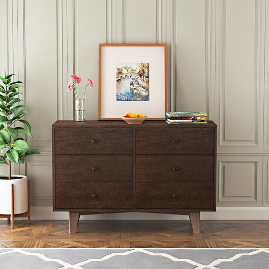 Indie Mid-Century Modern 6-Drawer Cabinet with Solid Wood Legs & Round Knobs, Auburn