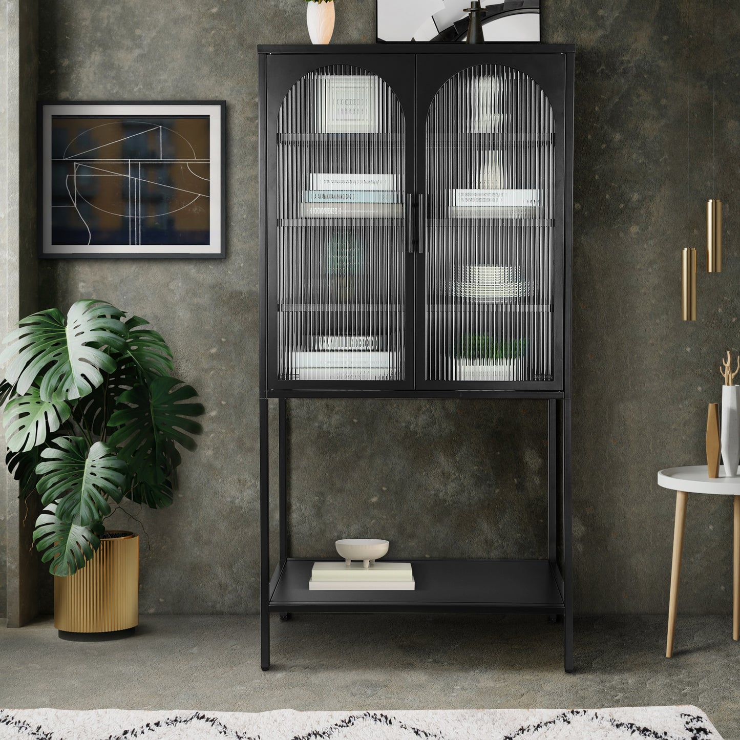 Zane Metal Arched Glass Door Cabinet, Black