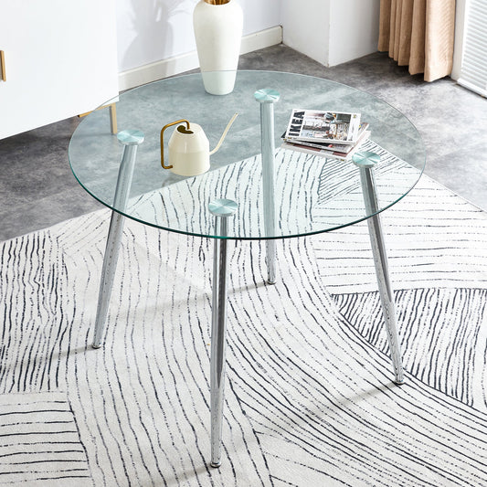 Carson Modern Round Glass Top Dining Table with Silver Legs