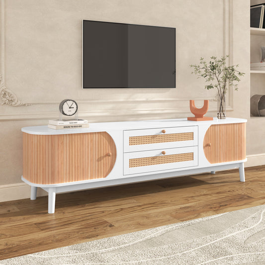 Victor Mid-Century Modern TV Stand with Rattan - White & Natural