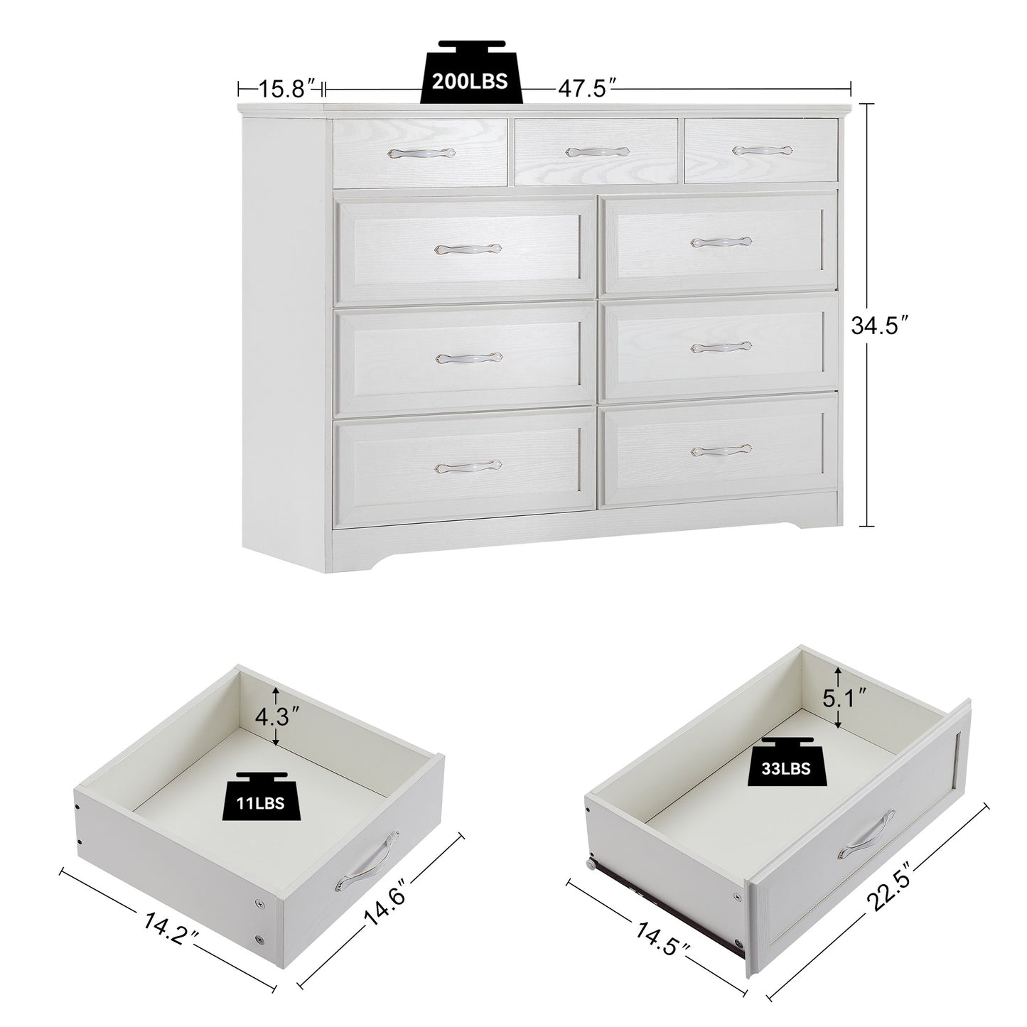 Brant Transitional 9-Drawer White Dresser, White