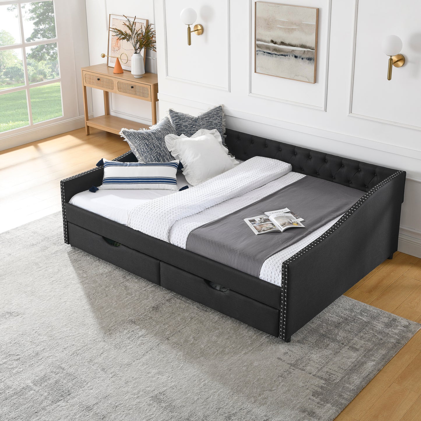 Lior Queen Size Tufted Linen Daybed with Drawers, Black