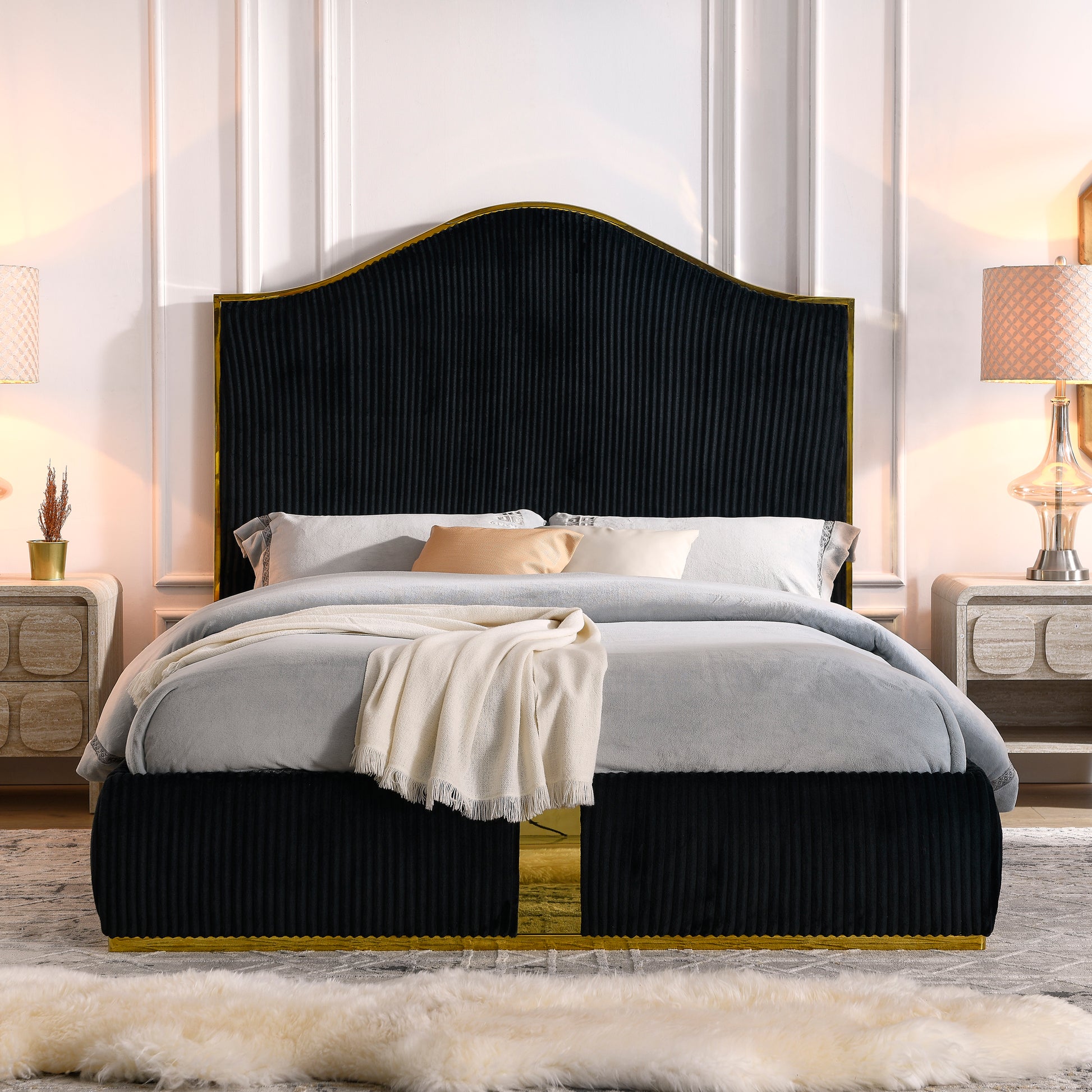 Sloane Contemporary Corduroy Upholstered Platform Bed with Gold Trim, Black