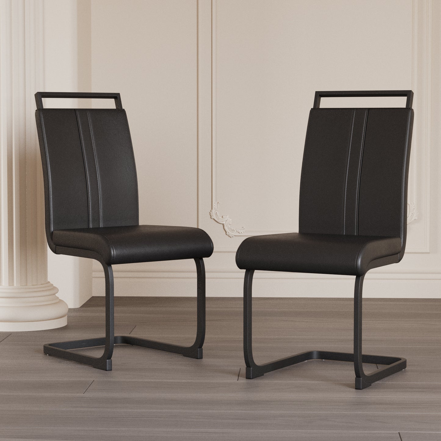 Astrid Modern PU Leather Side Chairs with Black Legs Set of 2 , Black