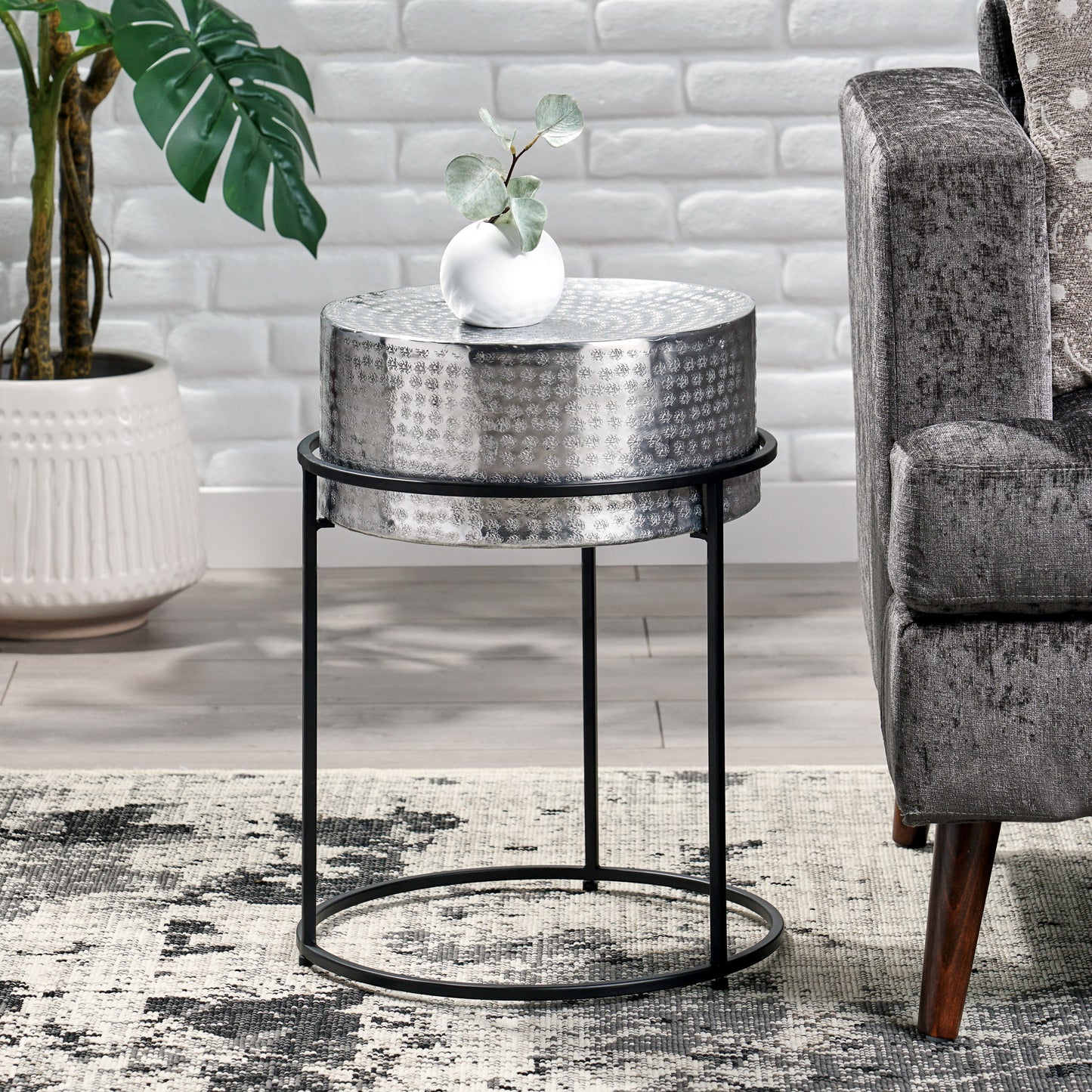 Lennox Modern Hammered Aluminum Side Table, Silver