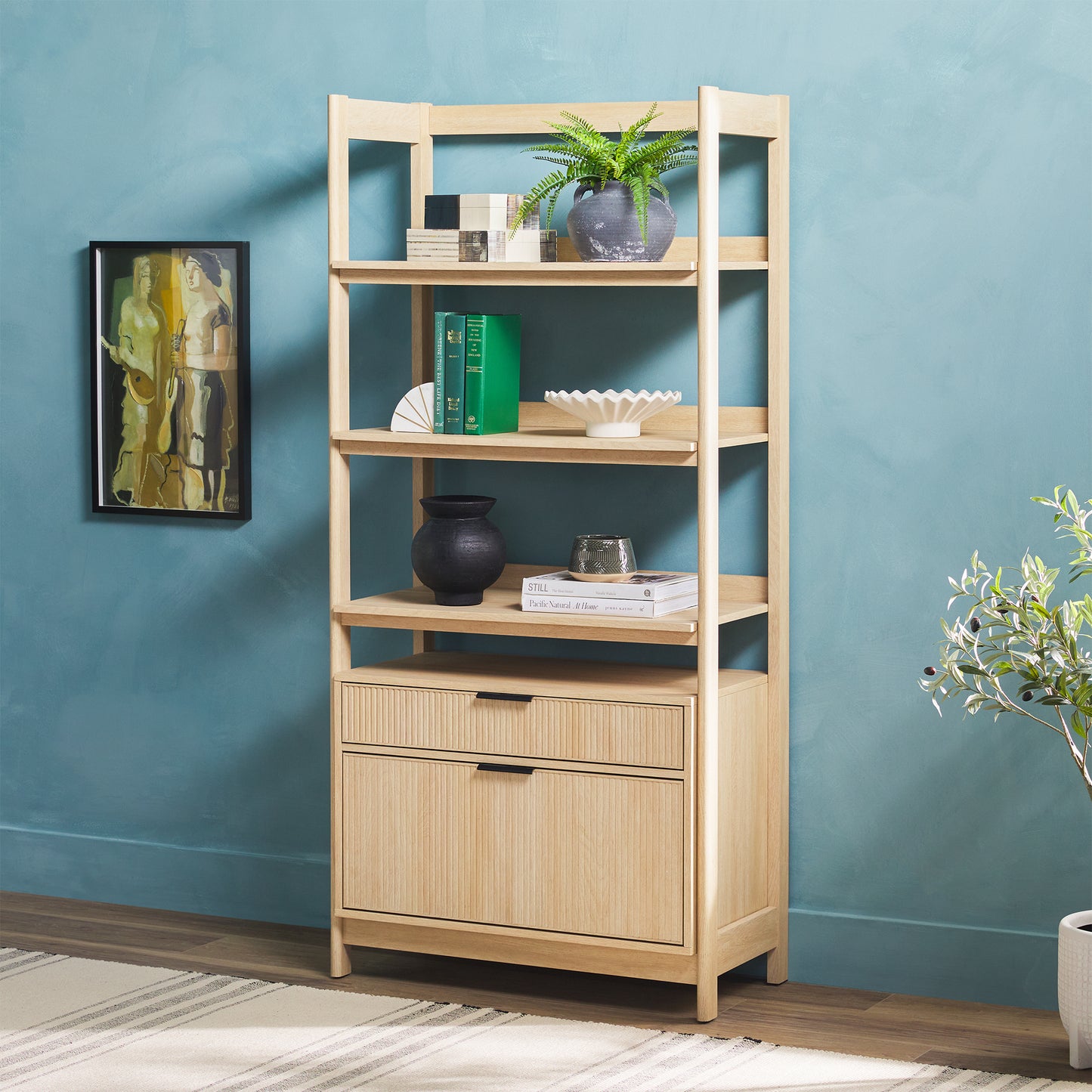 Transitional Wide Reeded Bookshelf with Drawers on Bottom - Oak