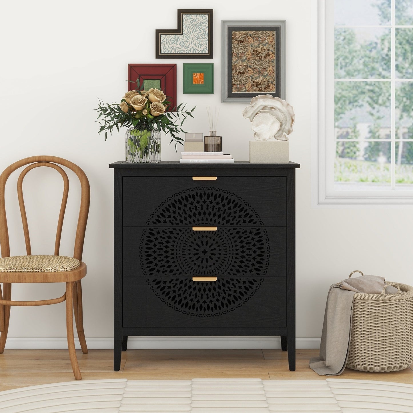 Jordan Modern 3-Drawer Hollow-Carved Accent Cabinet - Black & Gold