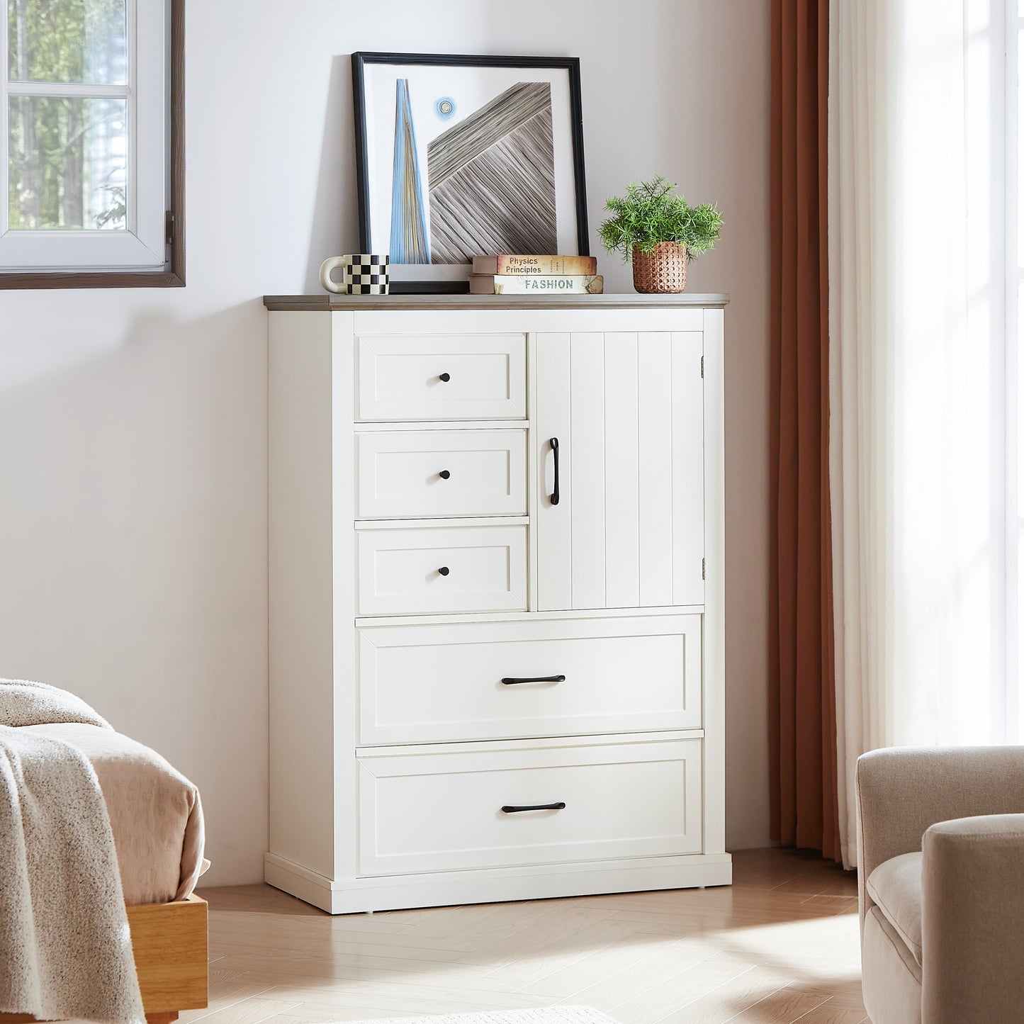 Farmhouse Style 5-Drawer Door Chest in White