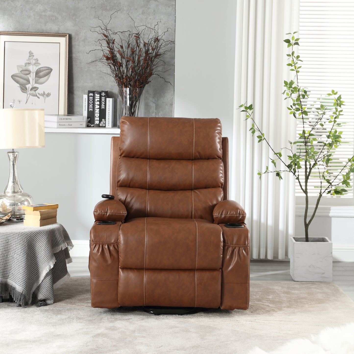 Selini Oversize PU Leather Power Lift Recliner with Massage & Heat, Brown