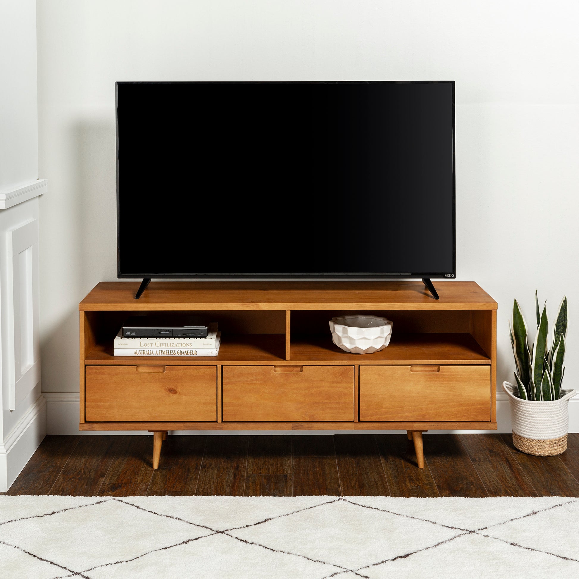 Sylvia Mid-Century Modern Solid Wood 3-Drawer 58" TV Stand for 65" TVs with 2 Open Cubbies - Caramel