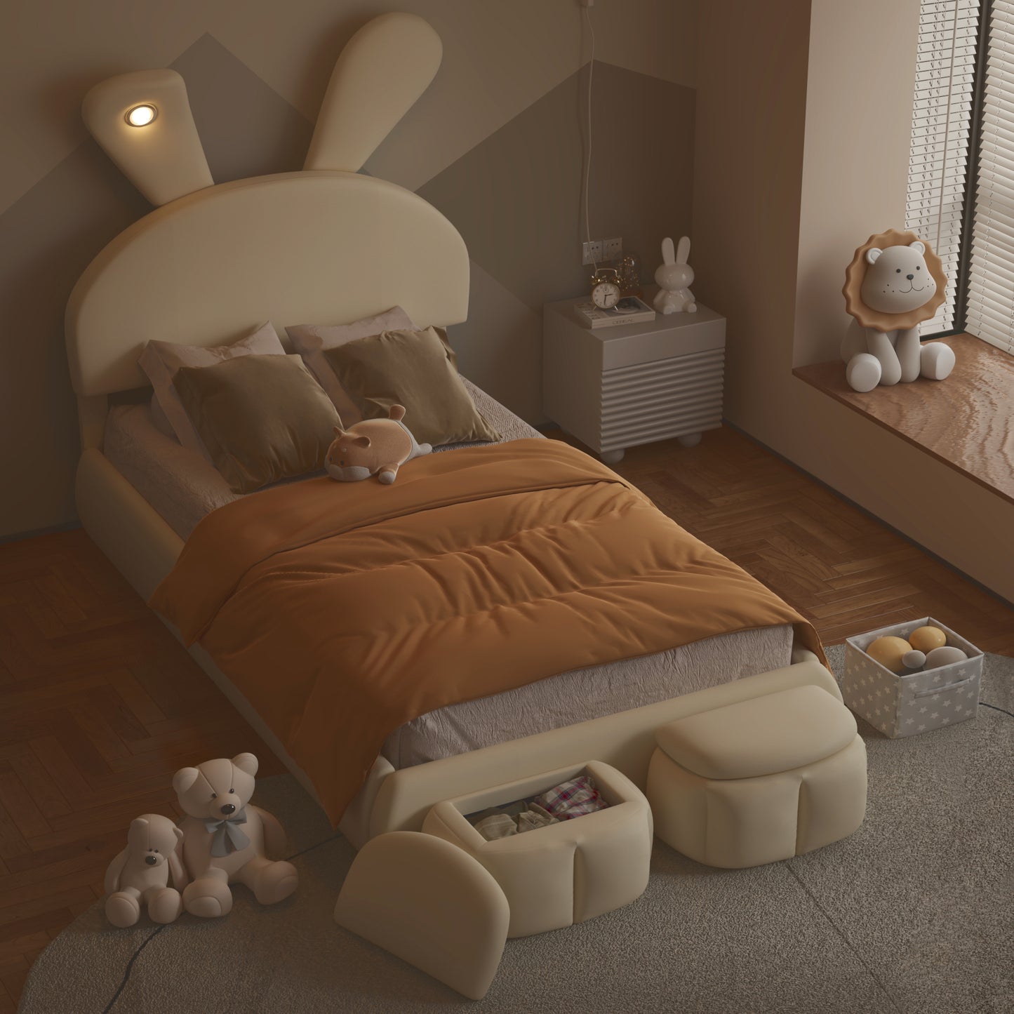 Tomo Twin Size Upholstered Platform Bed with Cartoon Ears Shaped Headboard and Light, Beige