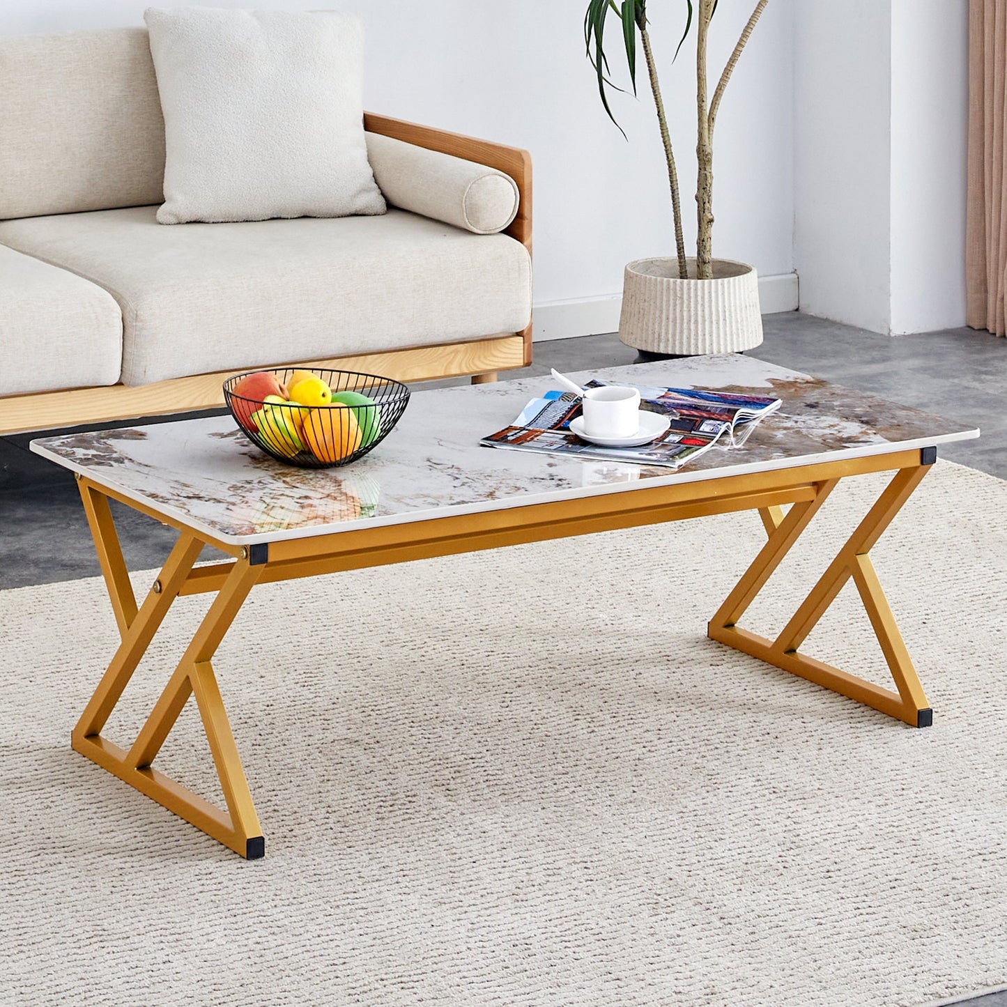 Ainsley Modern Minimalist Sintered Stone Coffee Table with Gold Legs