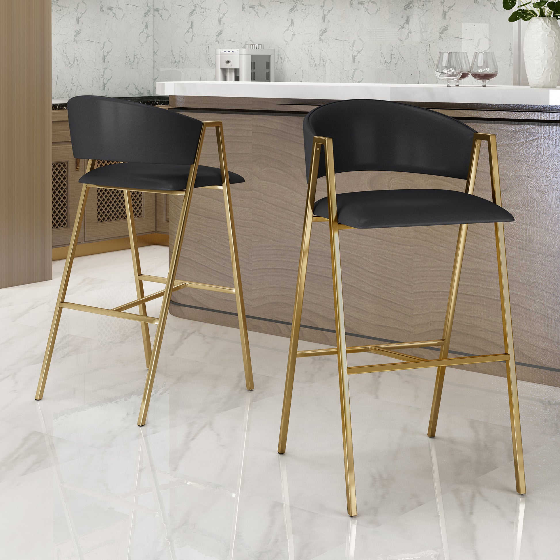 Misha Modern Black PU Leather & Gold Bar Stools Set of 2