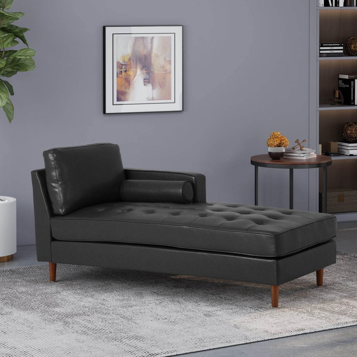 Pearl Modern PU Leather Chaise Lounge with Peg Legs, Black