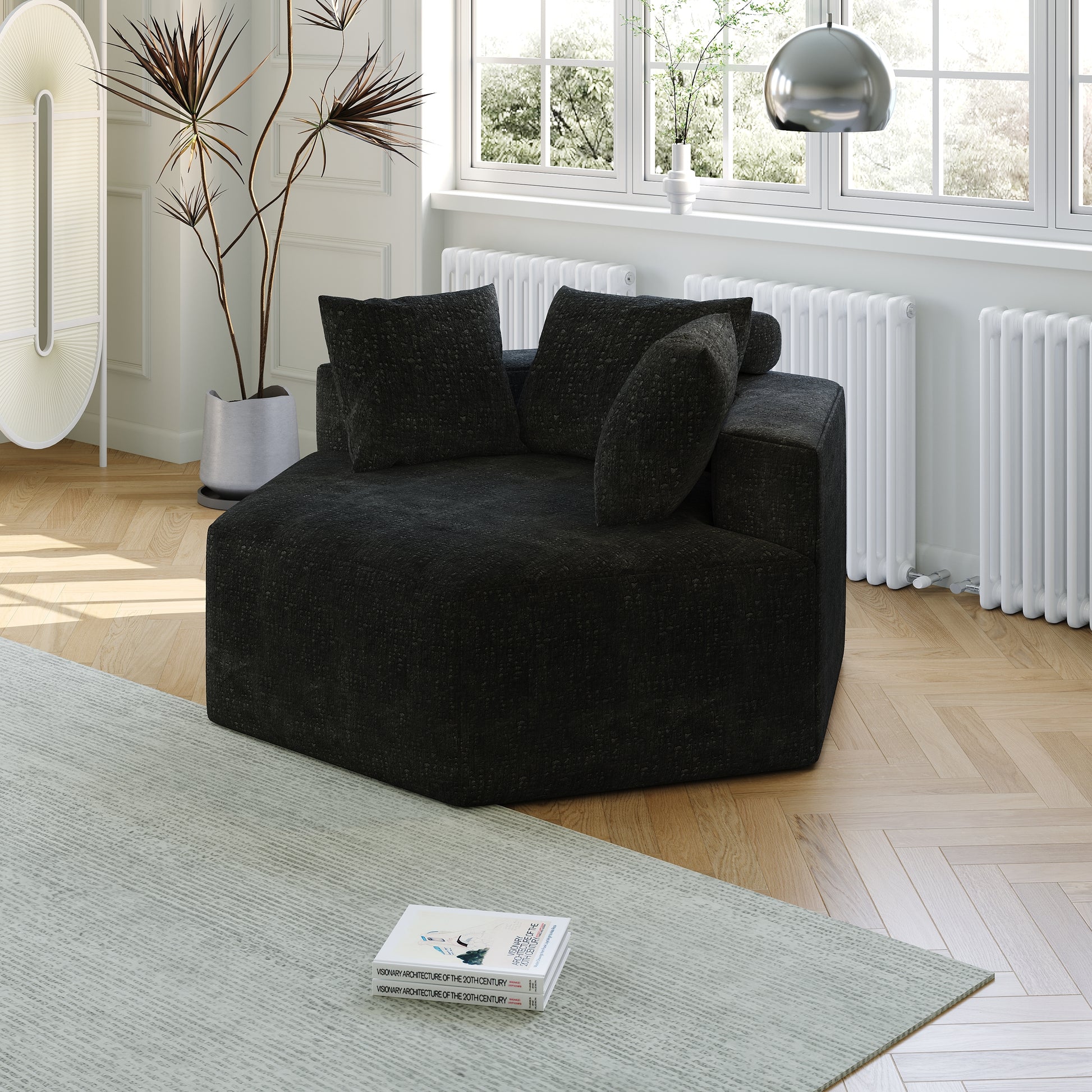 Versatile Comfort: 54'' Chenille Sponge Fluffy Black Modern Sleeper Chair