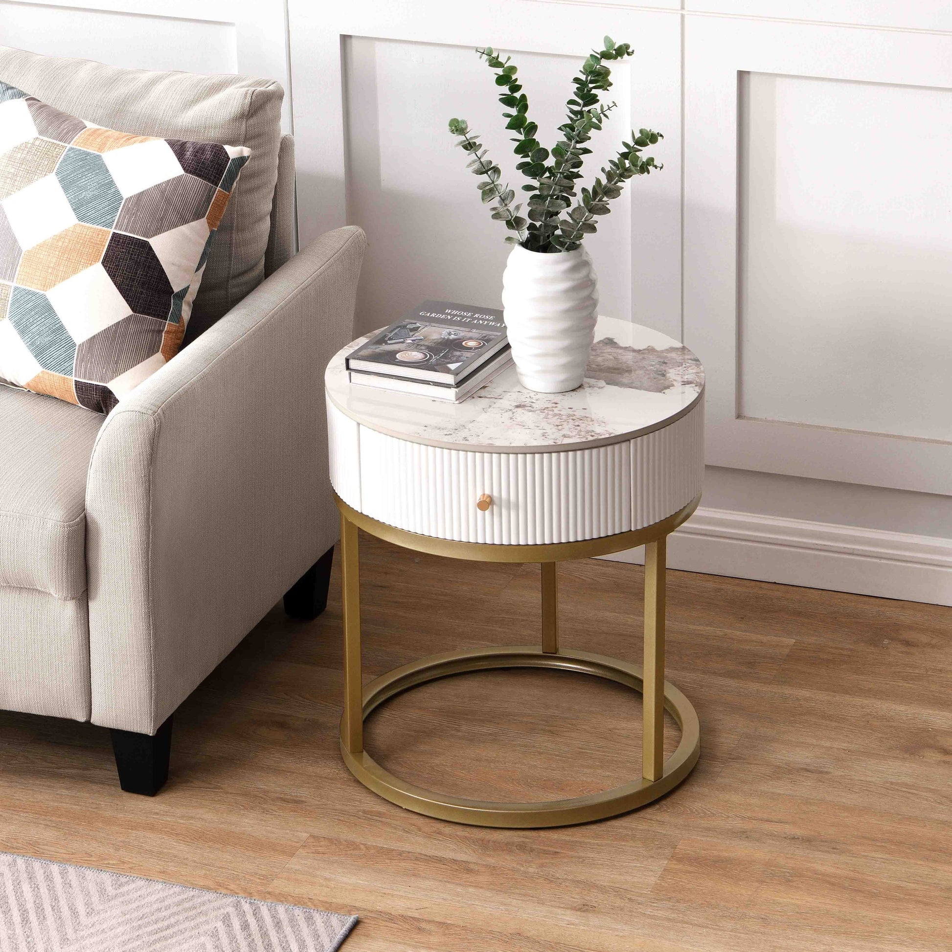 Neira Modern Side Table with Gold Base, White