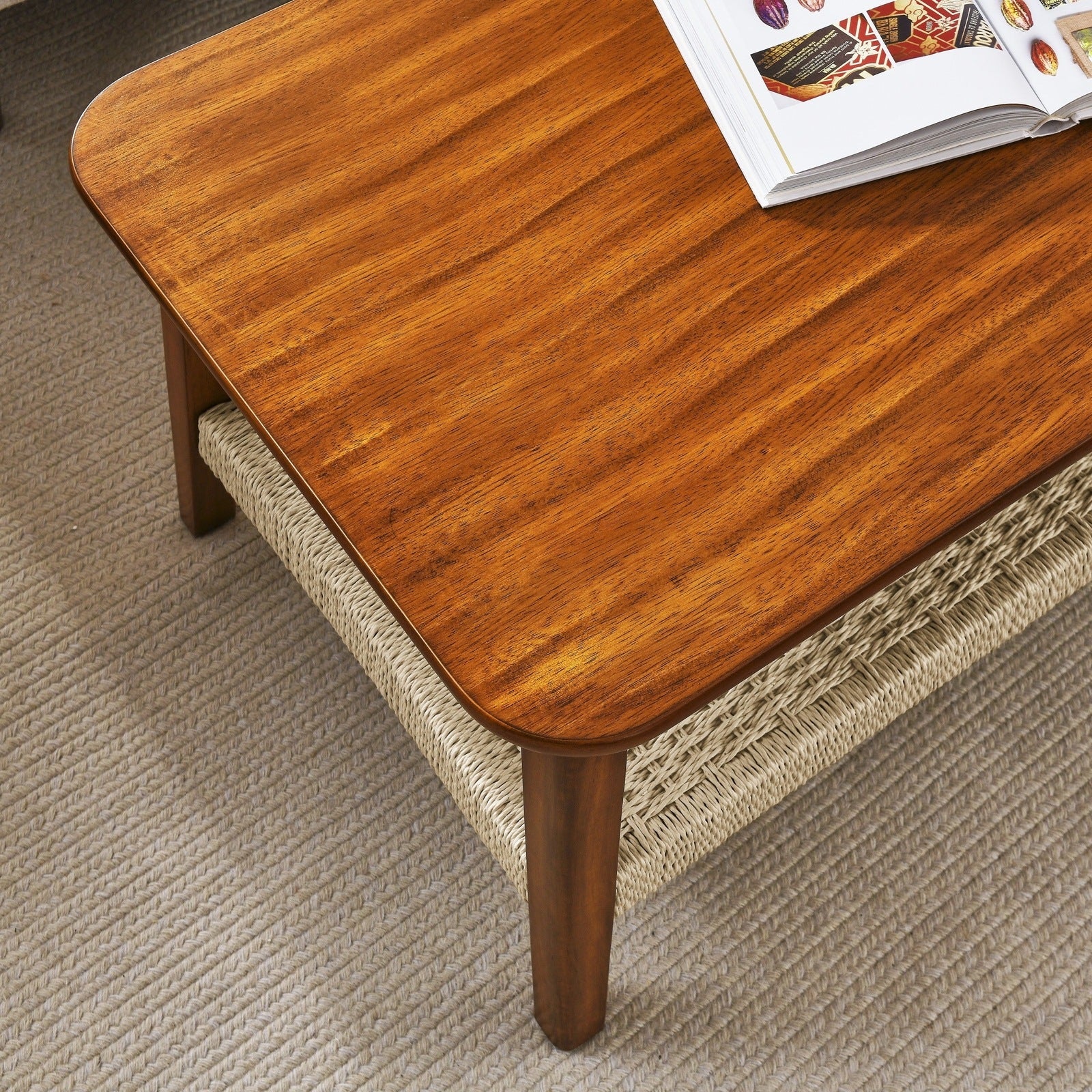 Gretta Mid-Century Modern Coffee Table with Woven Bottom Shelf, Walnut