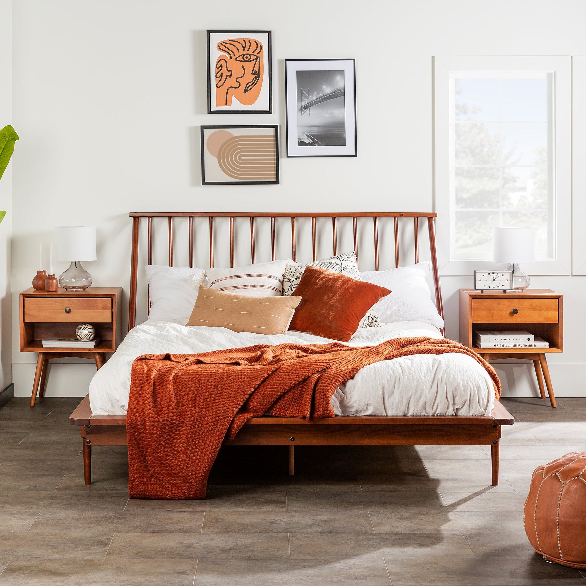 Morgan Mid-Century Modern Solid Wood Queen Platform Bed Frame with Spindle Headboard - Walnut