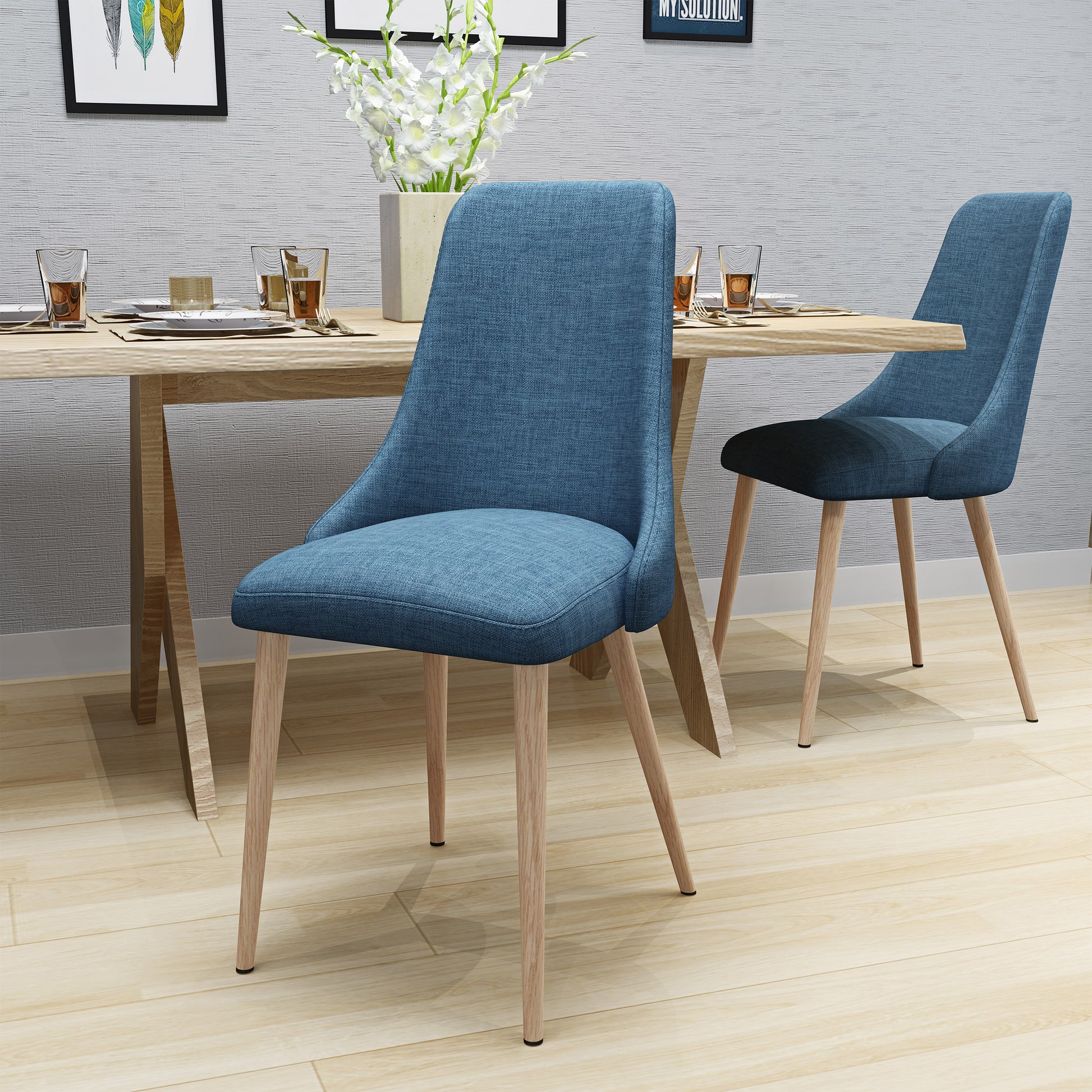 Ellery Mid Century Modern Fabric Armless Dining Chairs, Set of 2, Blue and Light Walnut