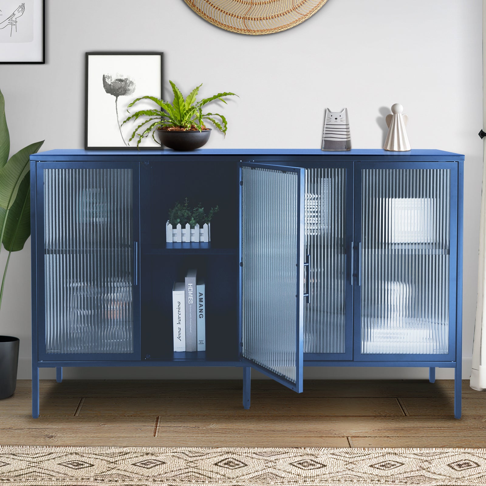 Zane 4-Door Metal Accent Cabinet with Tempered Glass Doors, Blue