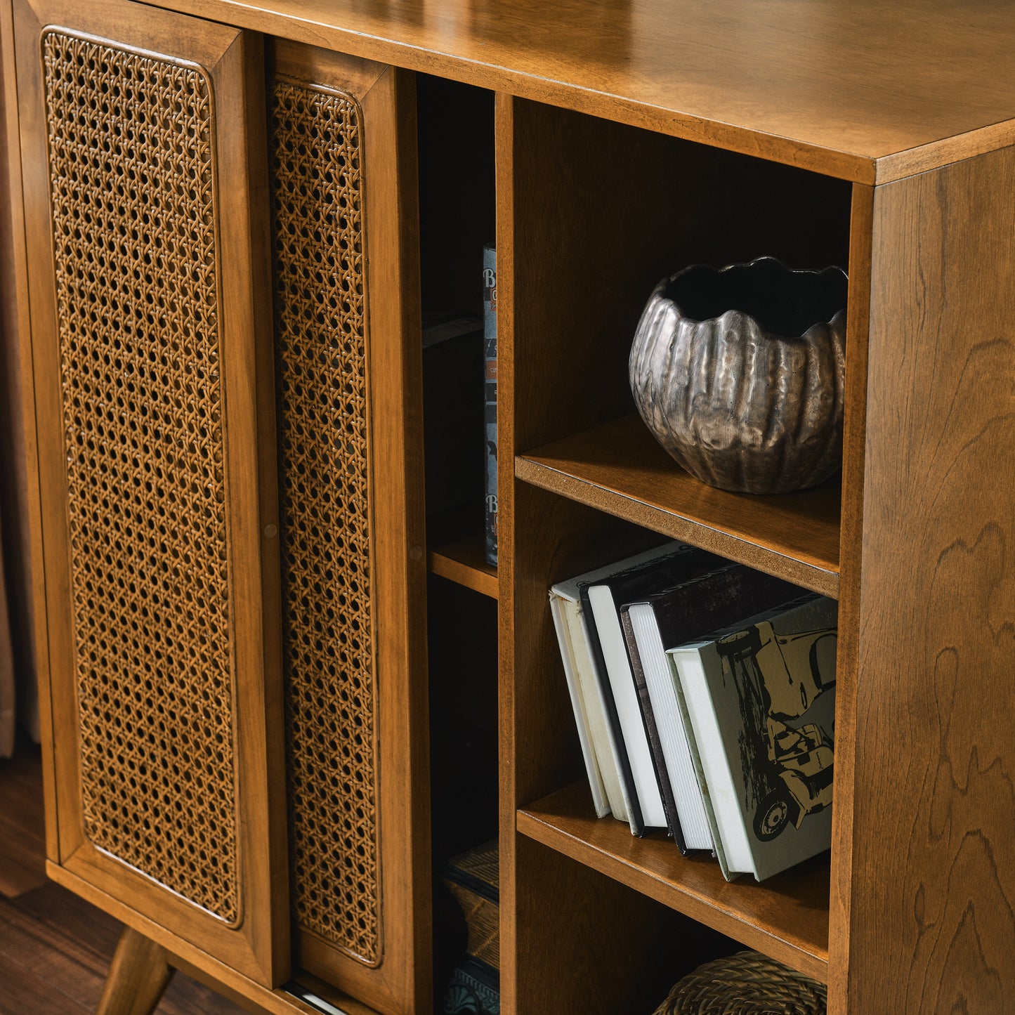 Margot Mid-Century Modern Cabinet in Walnut with Rattan Doors