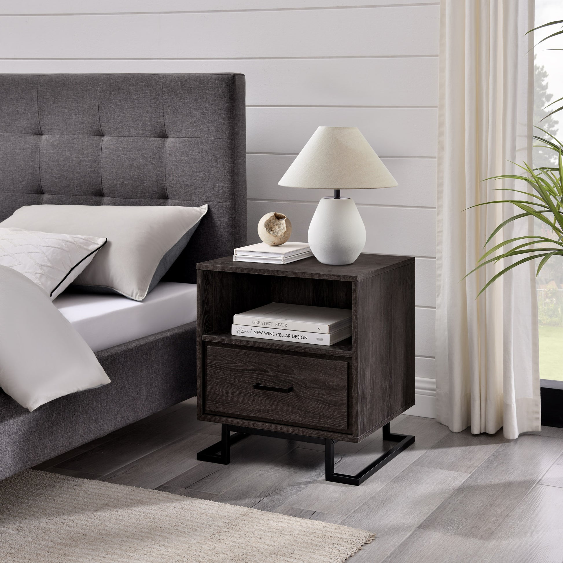 Ada Contemporary Metal and Wood 1-Drawer Nightstand – Charcoal