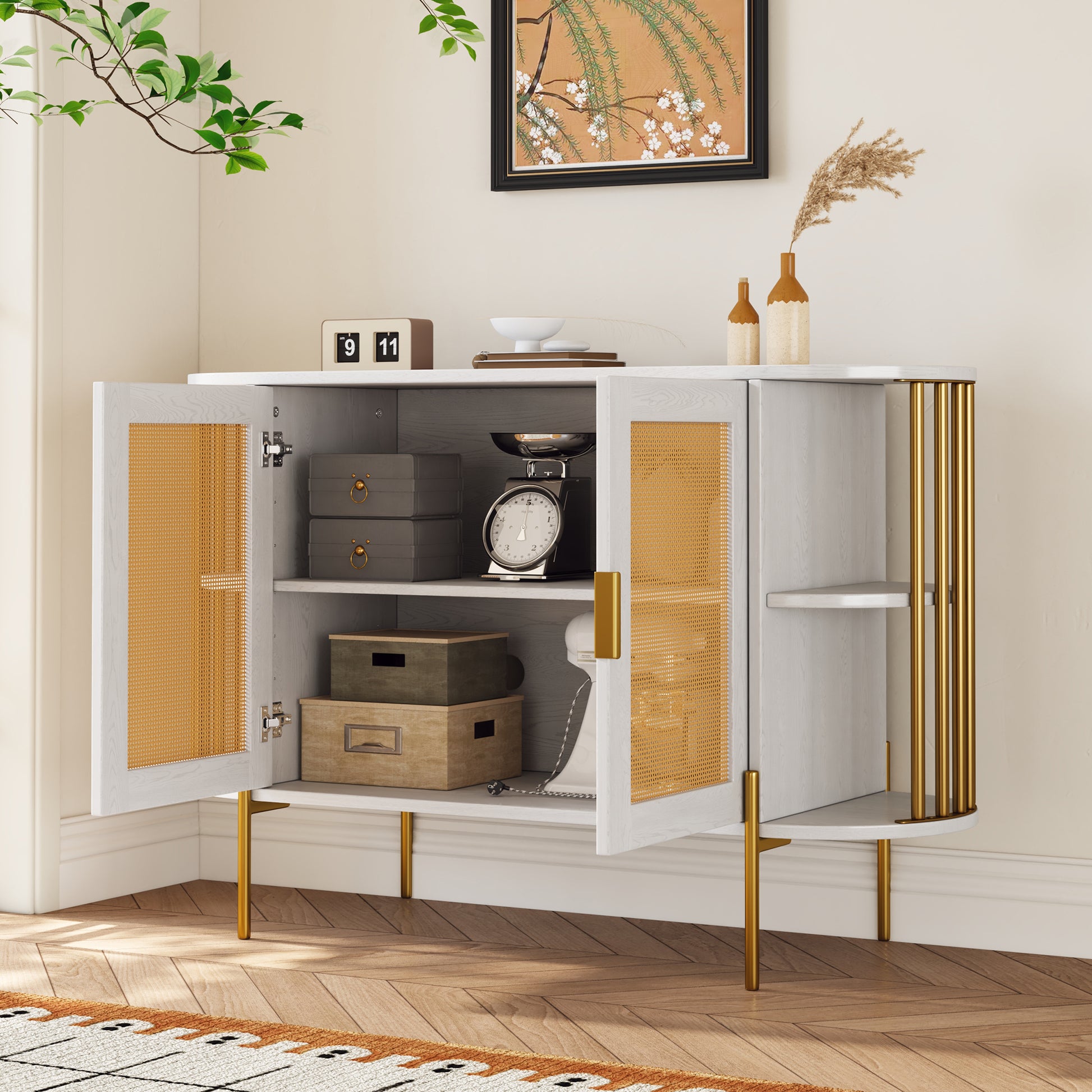 Dinara Elegant Curved Cabinet with Gold Trim & Rattan Doors, White