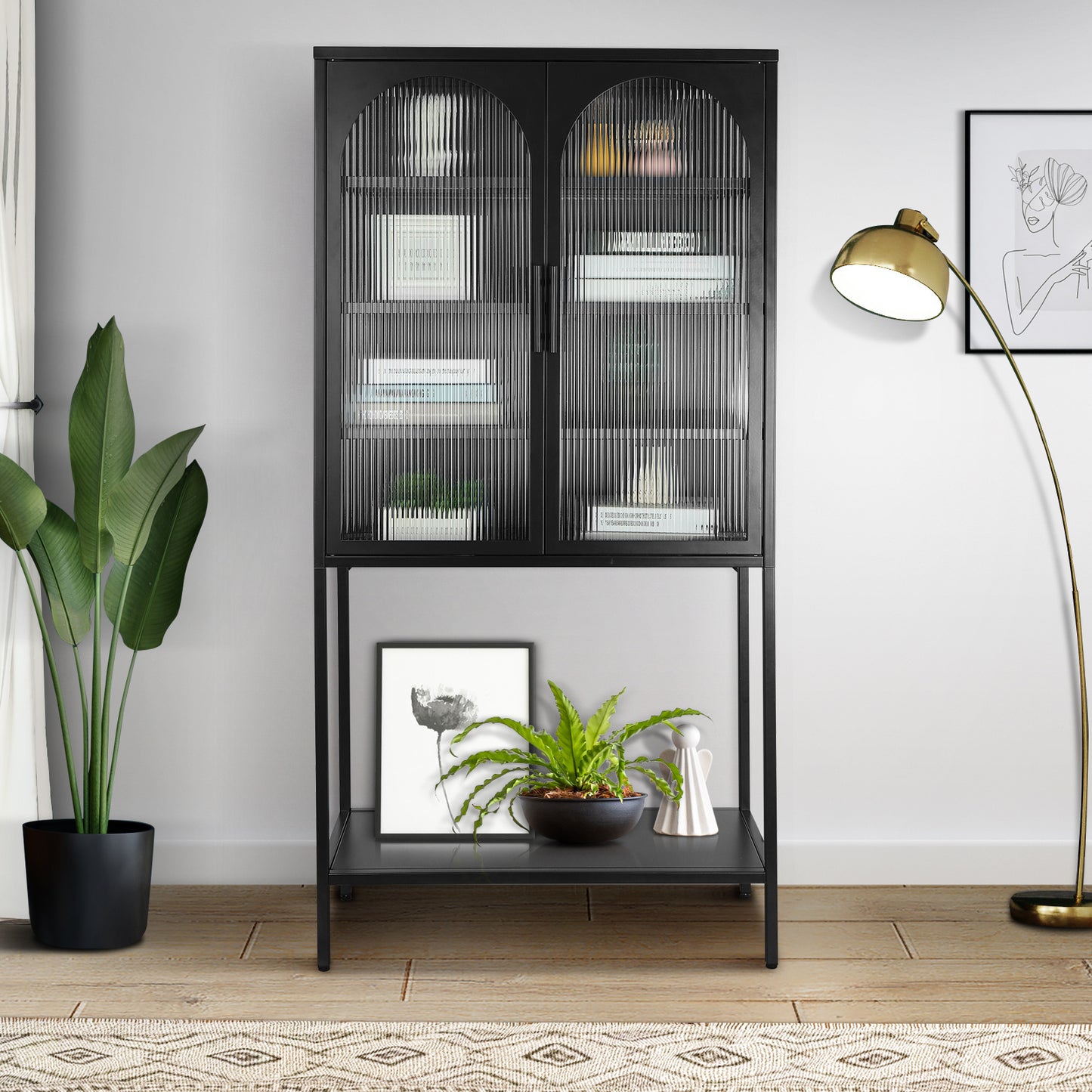 Zane Metal Arched Glass Door Cabinet, Black