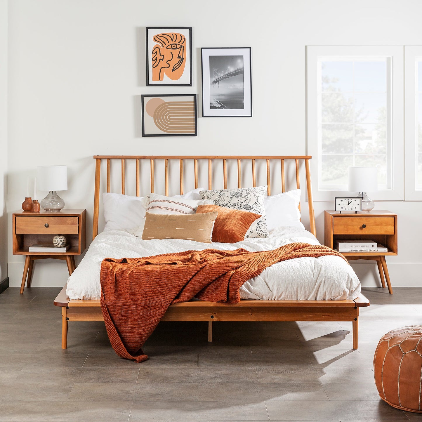 Xavier Mid-Century Modern Solid Wood Queen Platform Bed Frame with Spindle Headboard - Caramel