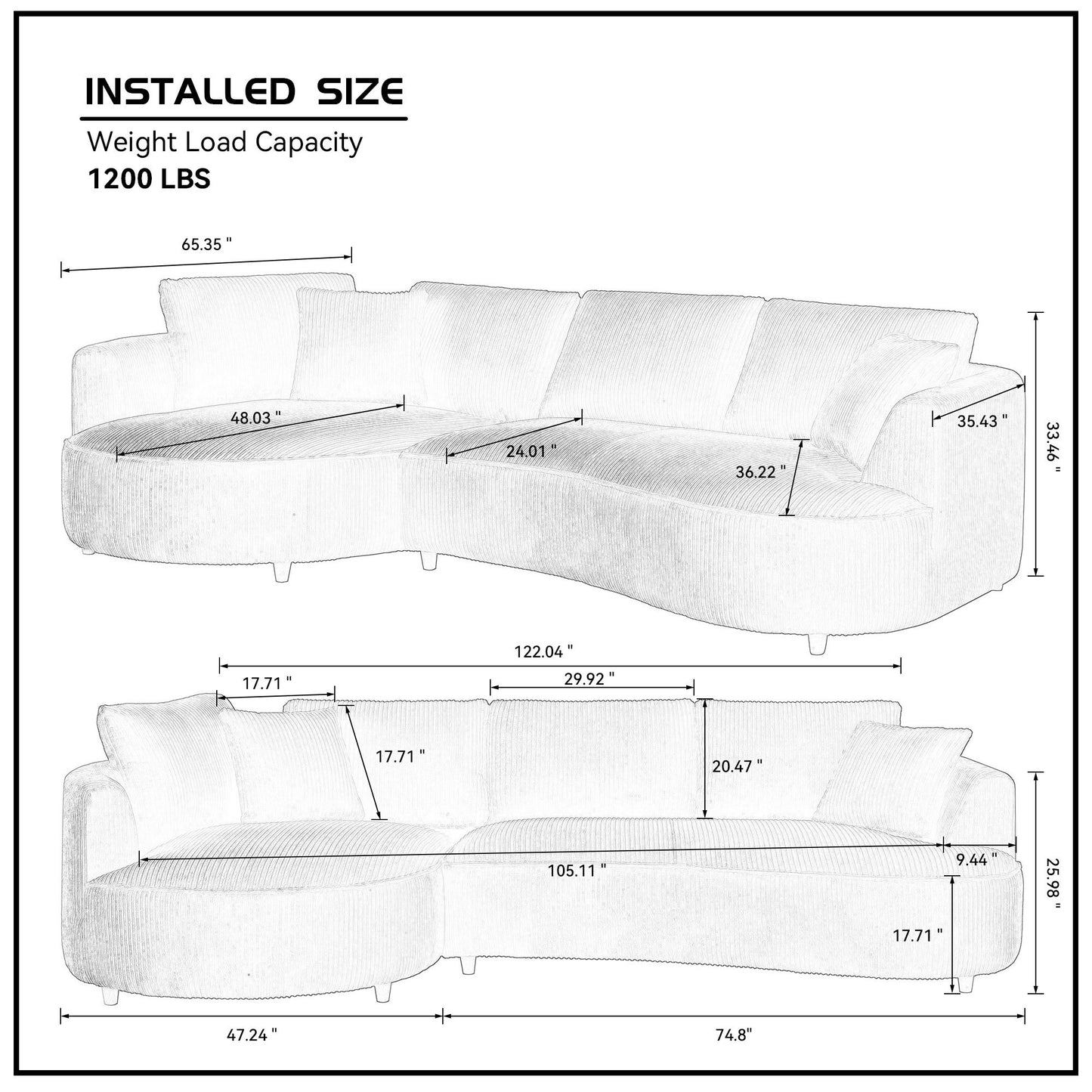 Leota 122" Corduroy Upholstered Sectional , White