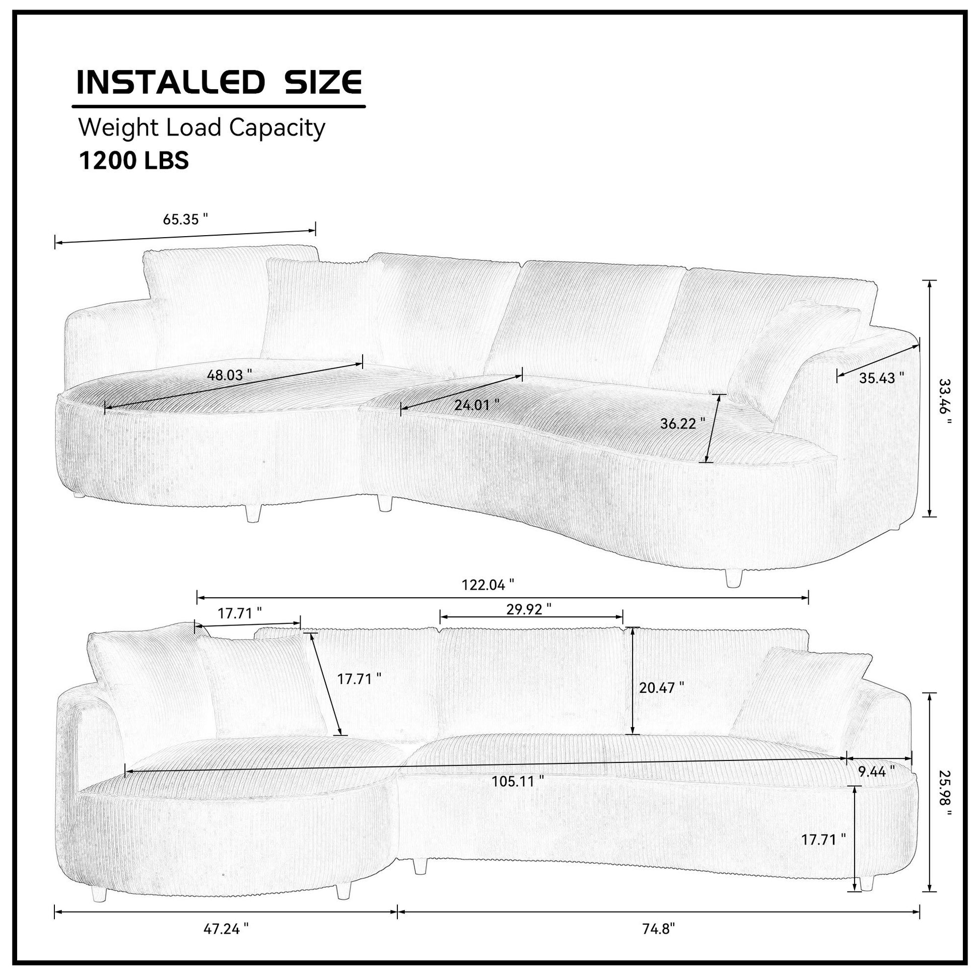 Leota 122" Corduroy Upholstered Sectional , White