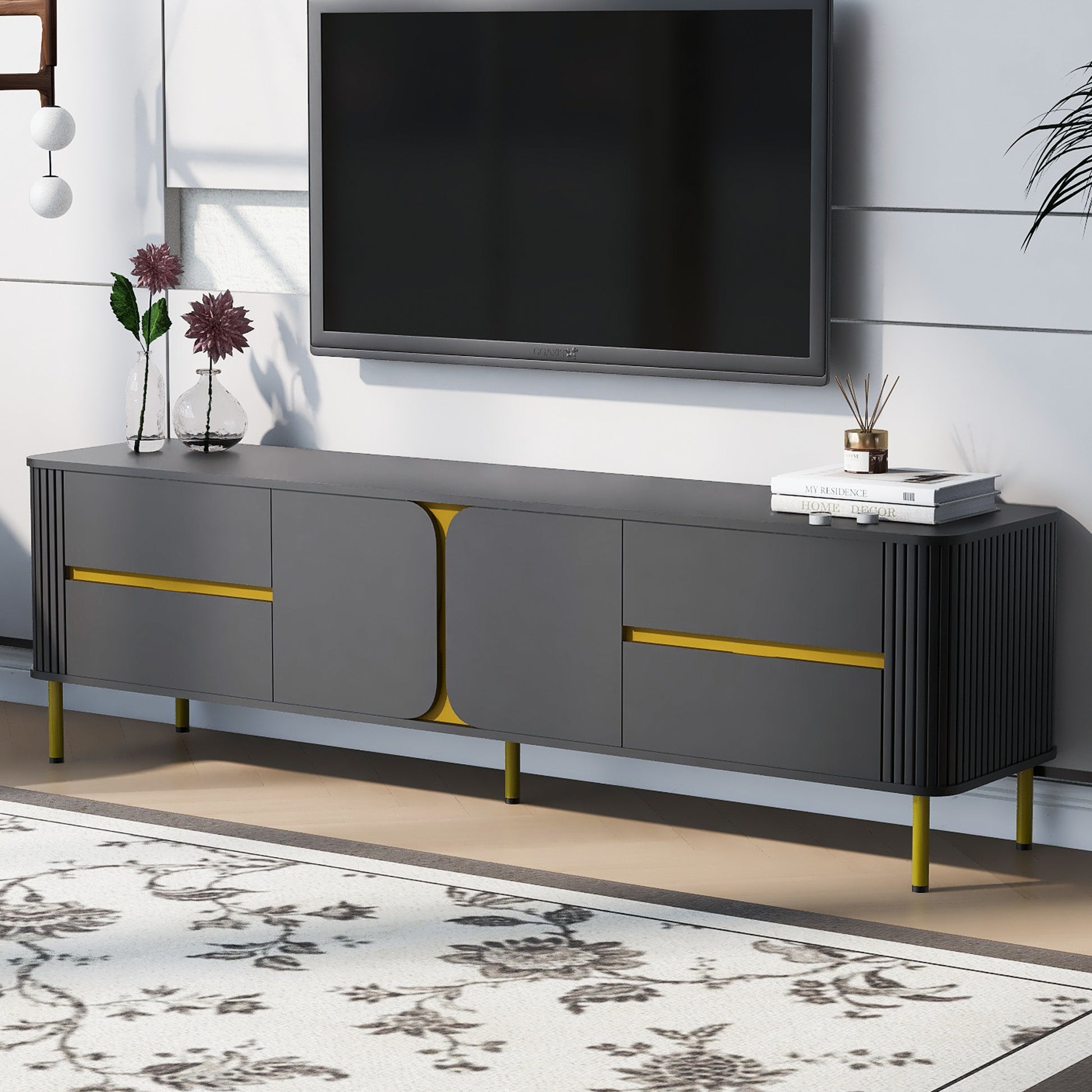 Blyth Modern 71' TV Stand with Gold Legs, Gray