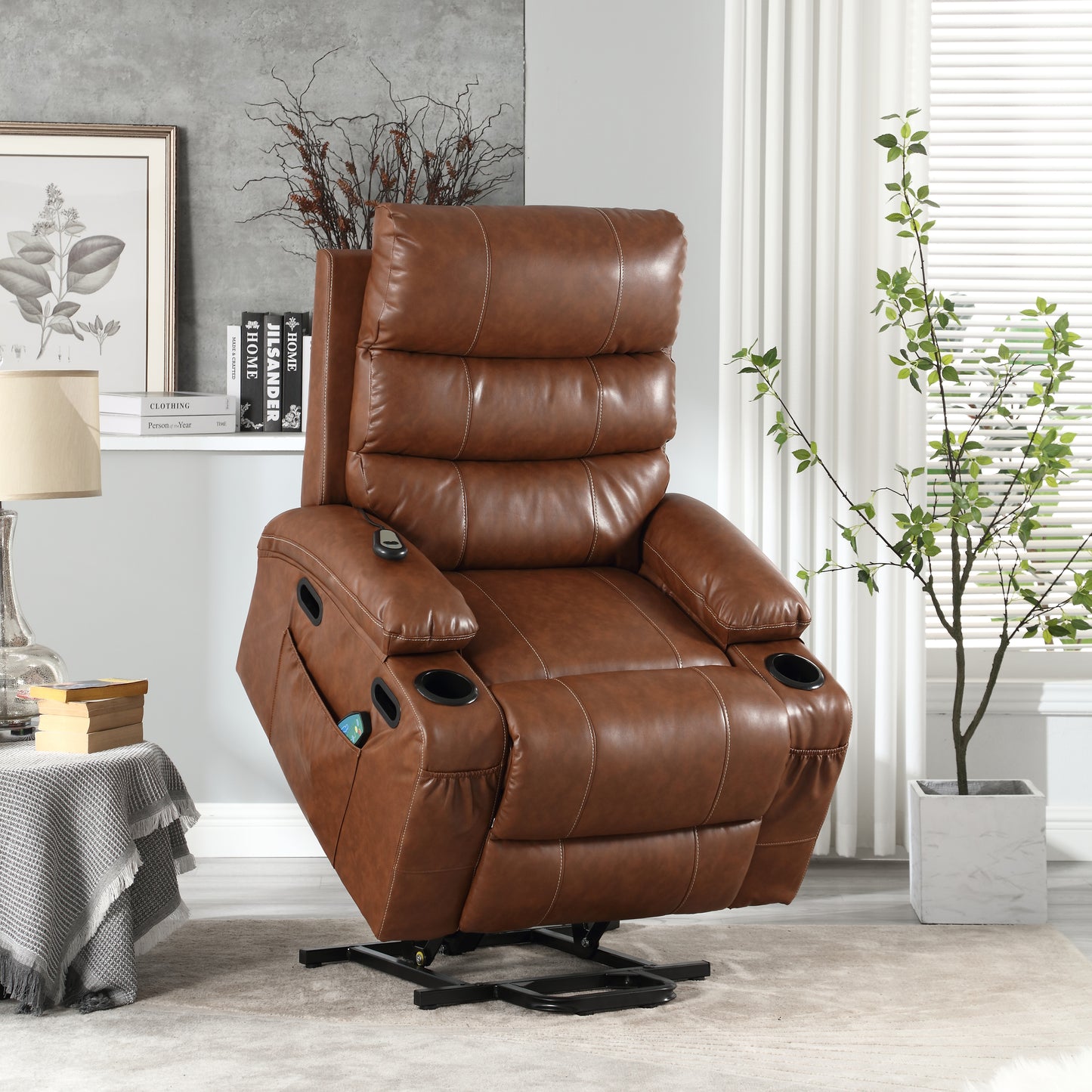 Selini Oversize PU Leather Power Lift Recliner with Massage & Heat, Brown