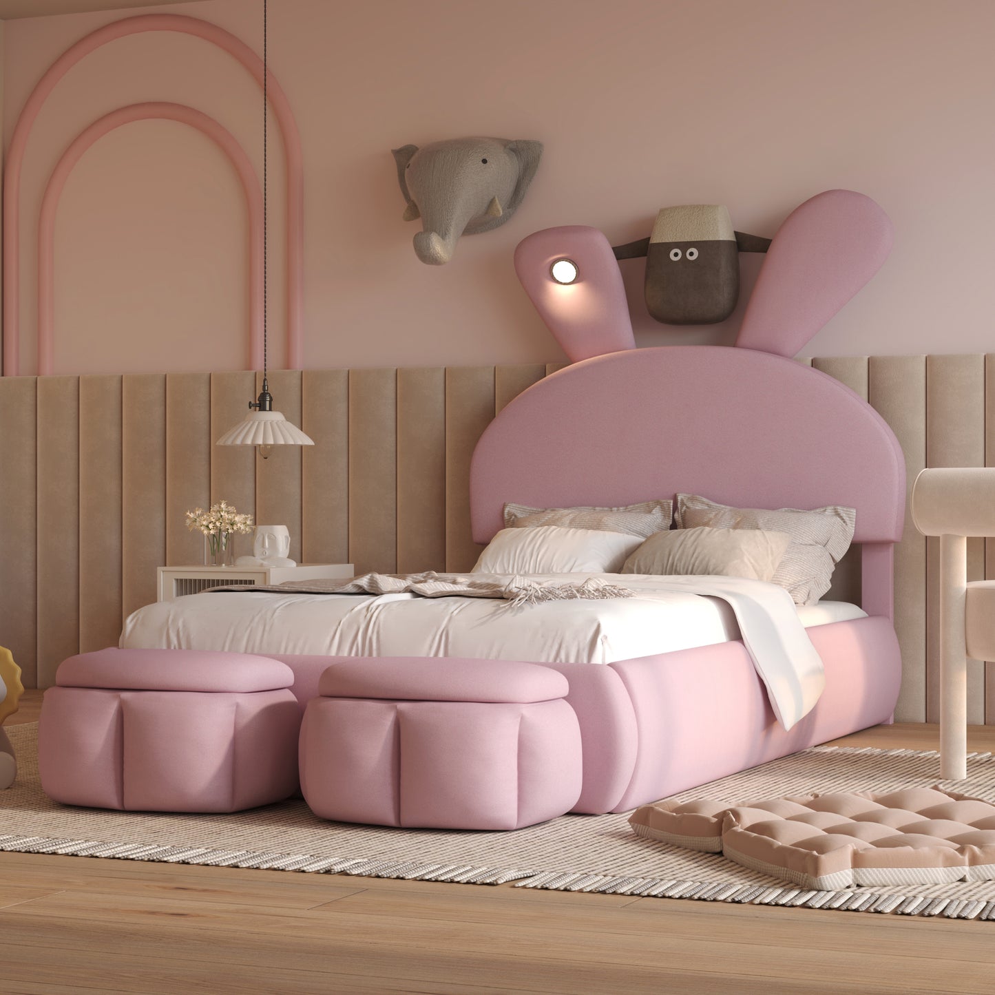 Tomo Twin Size Upholstered Platform Bed with Cartoon Ears Shaped Headboard and Light, Pink