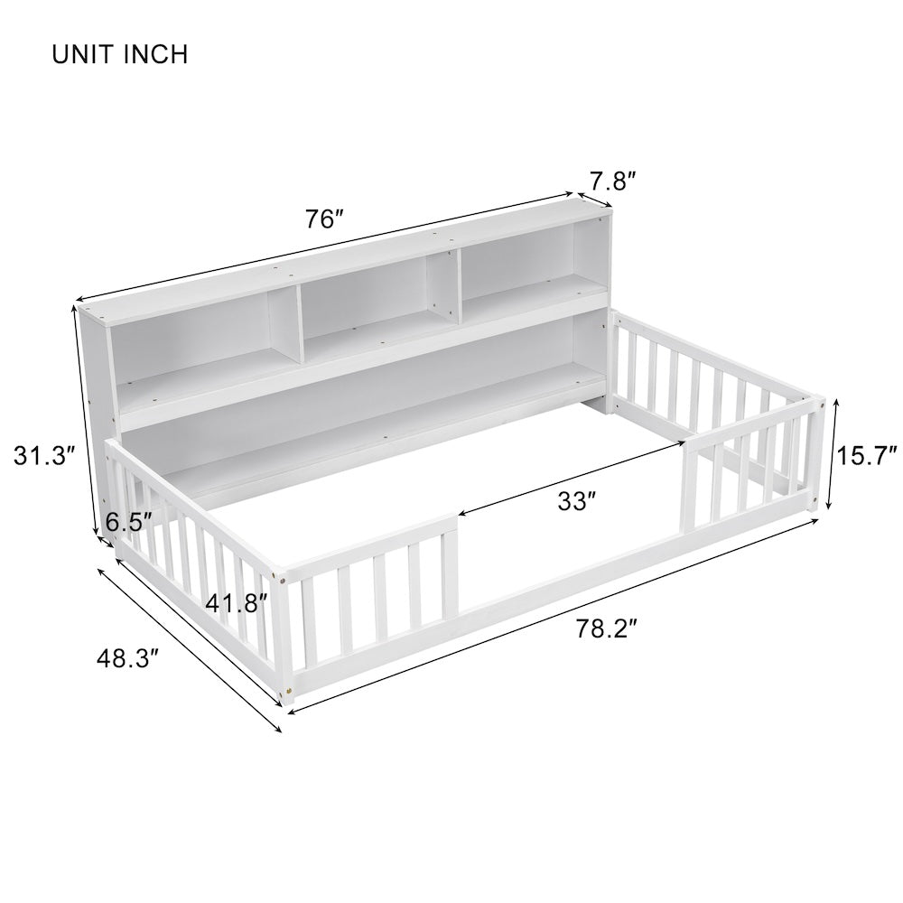 Thorton Twin Size Floor Bed with Bookcase in White