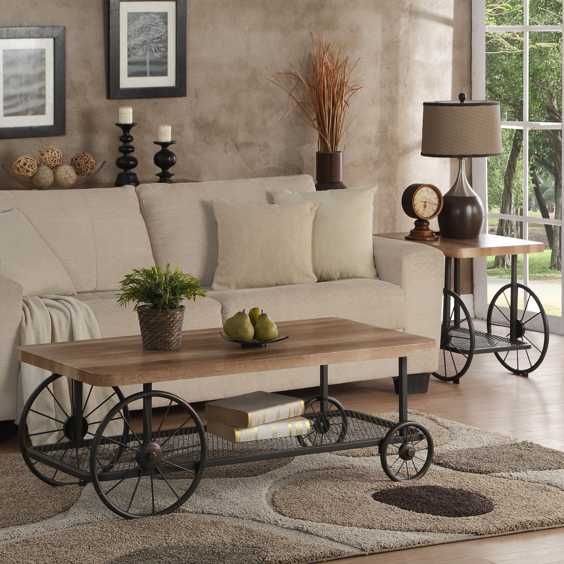 Oak and Antique Grey End Table with Shelf