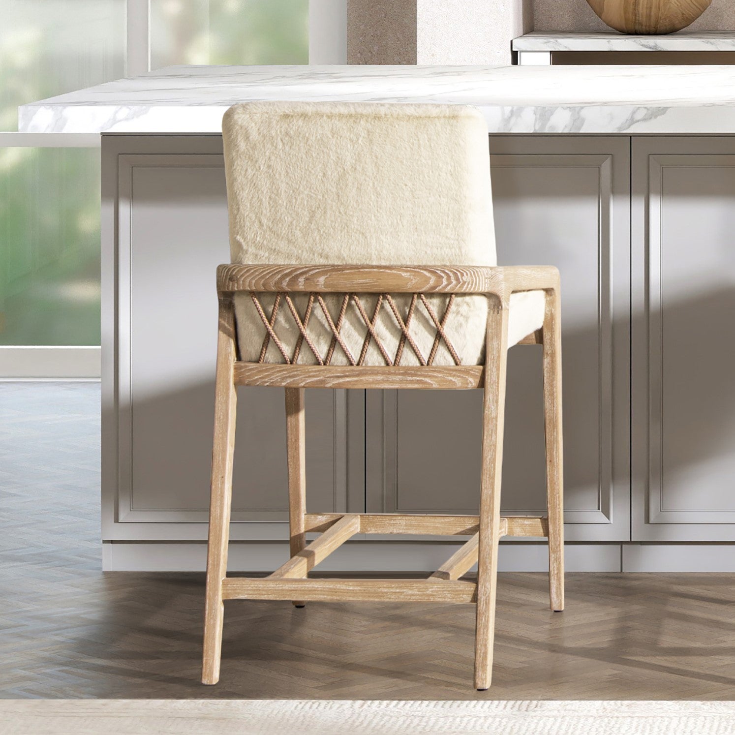 Arizona 25.5' Solid Ash Wood Upholstered Counter Stool with Rope Detail, Crème de la Crème White Faux Fur